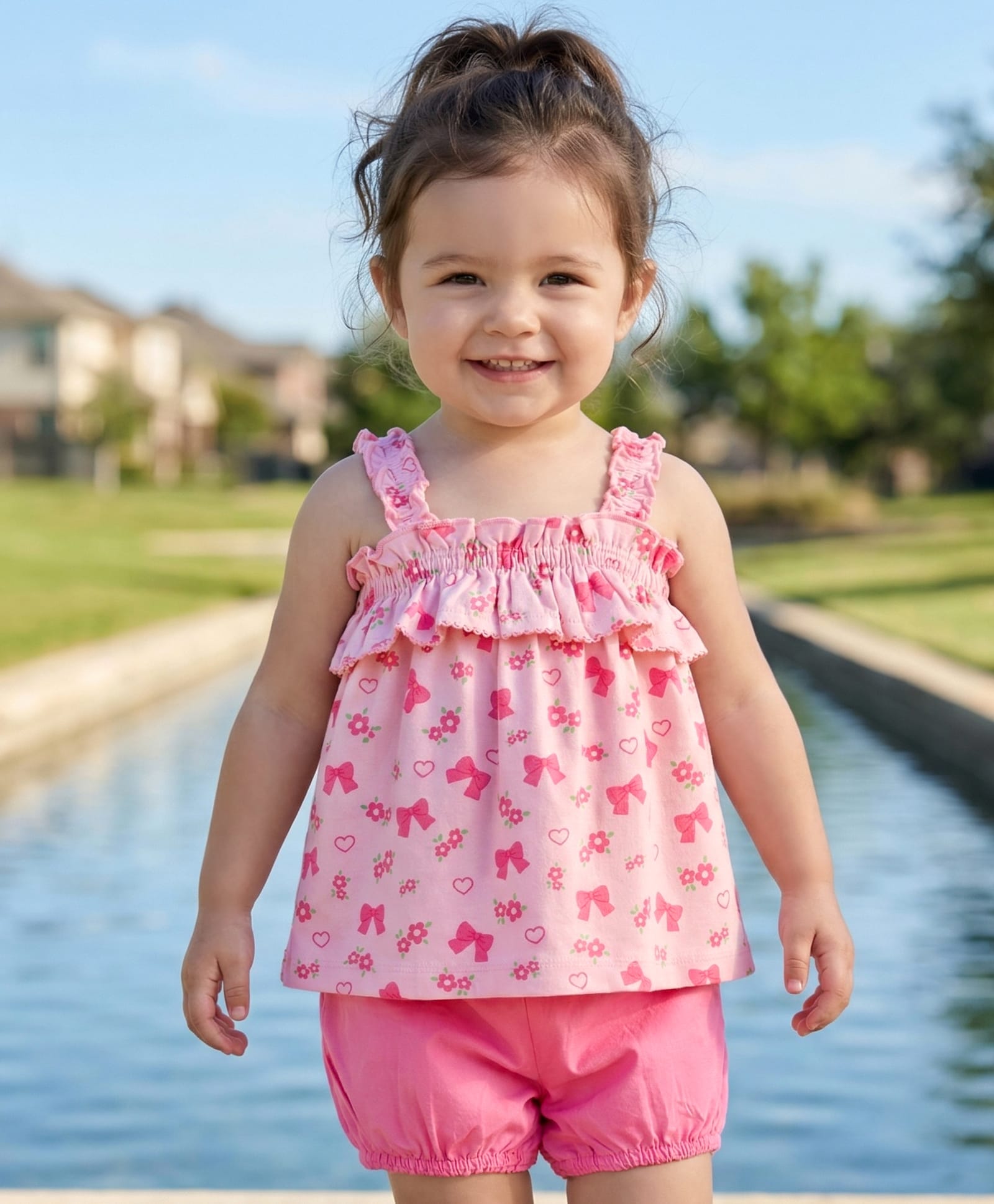 Babyhug Cotton Knit Sleeveless Floral & Bow Printed Top & Shorts Set - Pink-picture-11