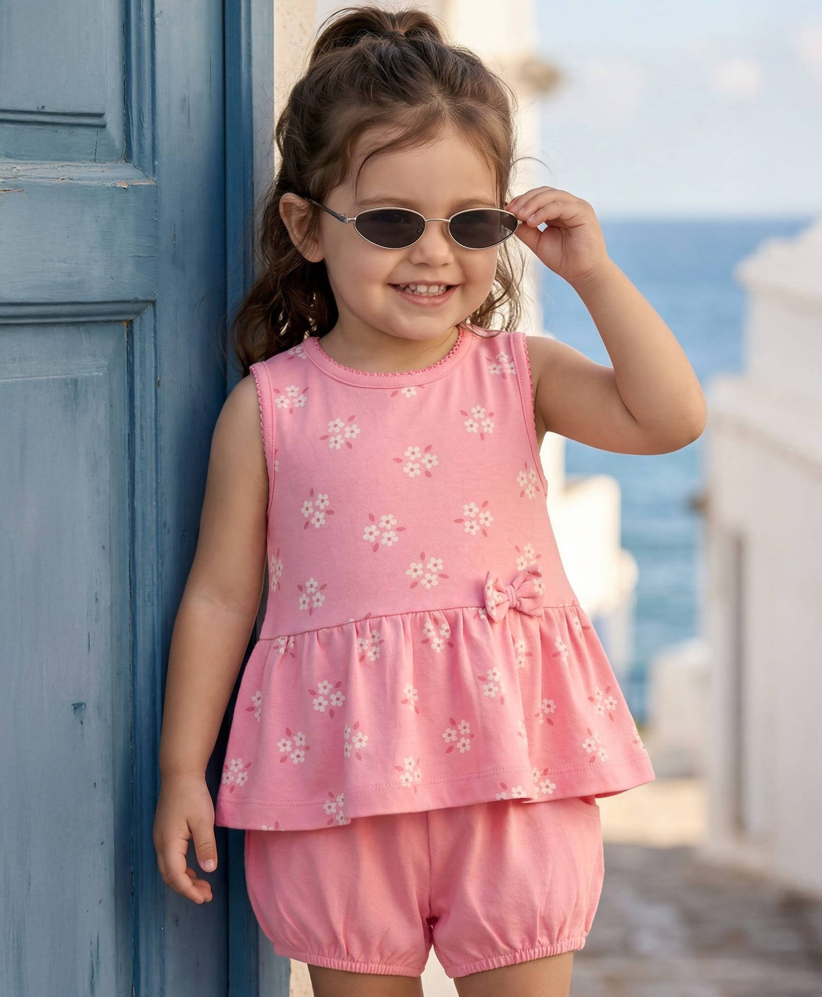Babyhug Single Jersey Knit Sleeveless Floral Printed Top with Bow Applique & Shorts - Pink-image-34