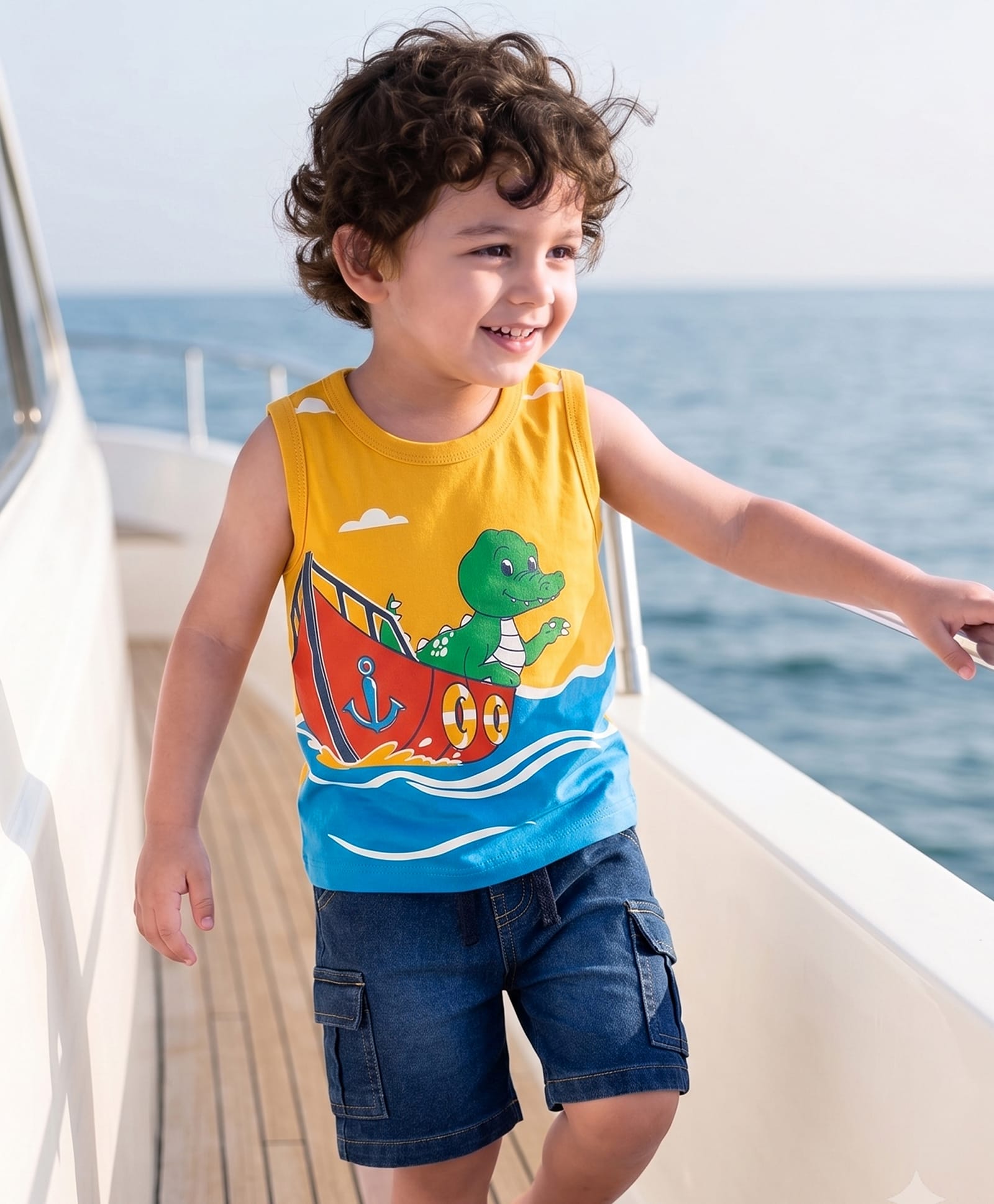 Babyhug Single Jersey Knit Sleeveless T-Shirt & Shorts Set with Dino Print - Yellow & Blue-image-38