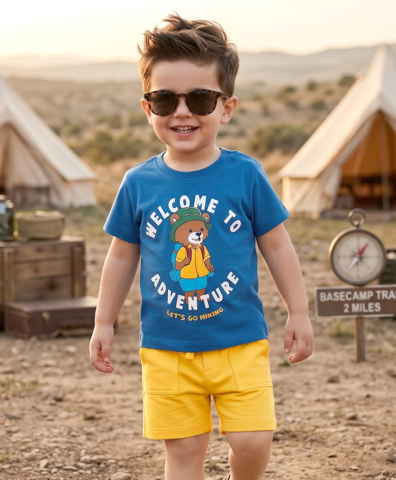 Babyhug Single Jersey Knit Half Sleeves T-Shirt & Shorts Set with Adventure Print - Blue & Yellow-image-37