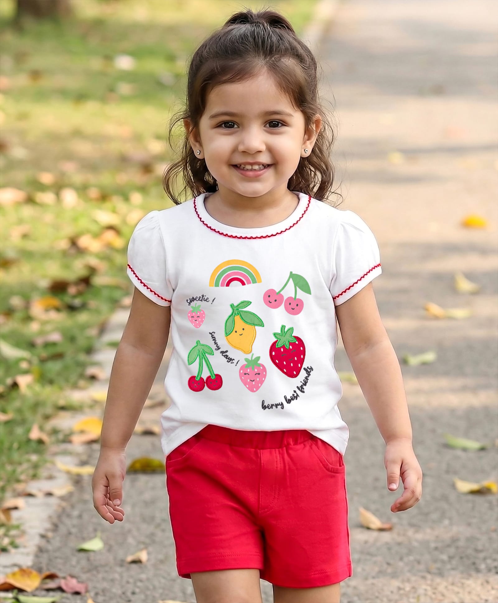 Babyhug Single Jersey Knit Half Puffed Sleeves Top & Shorts Set with Fruit Embroidery - Red & White-picture-34