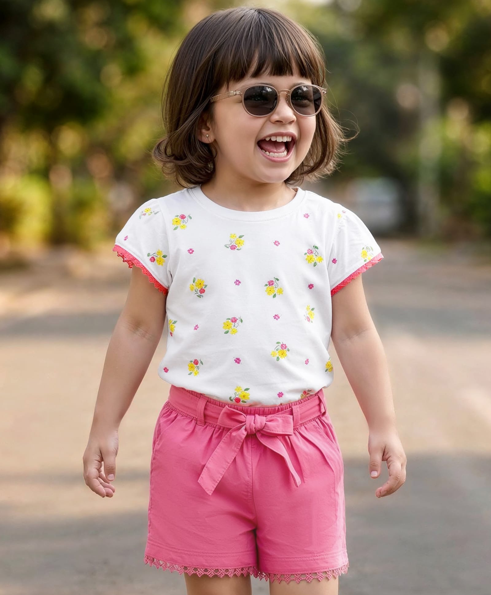 Babyhug Single Jersey Knit Sleeveless Floral Printed Top & Shorts Set with Belt - Pink & White-image-48