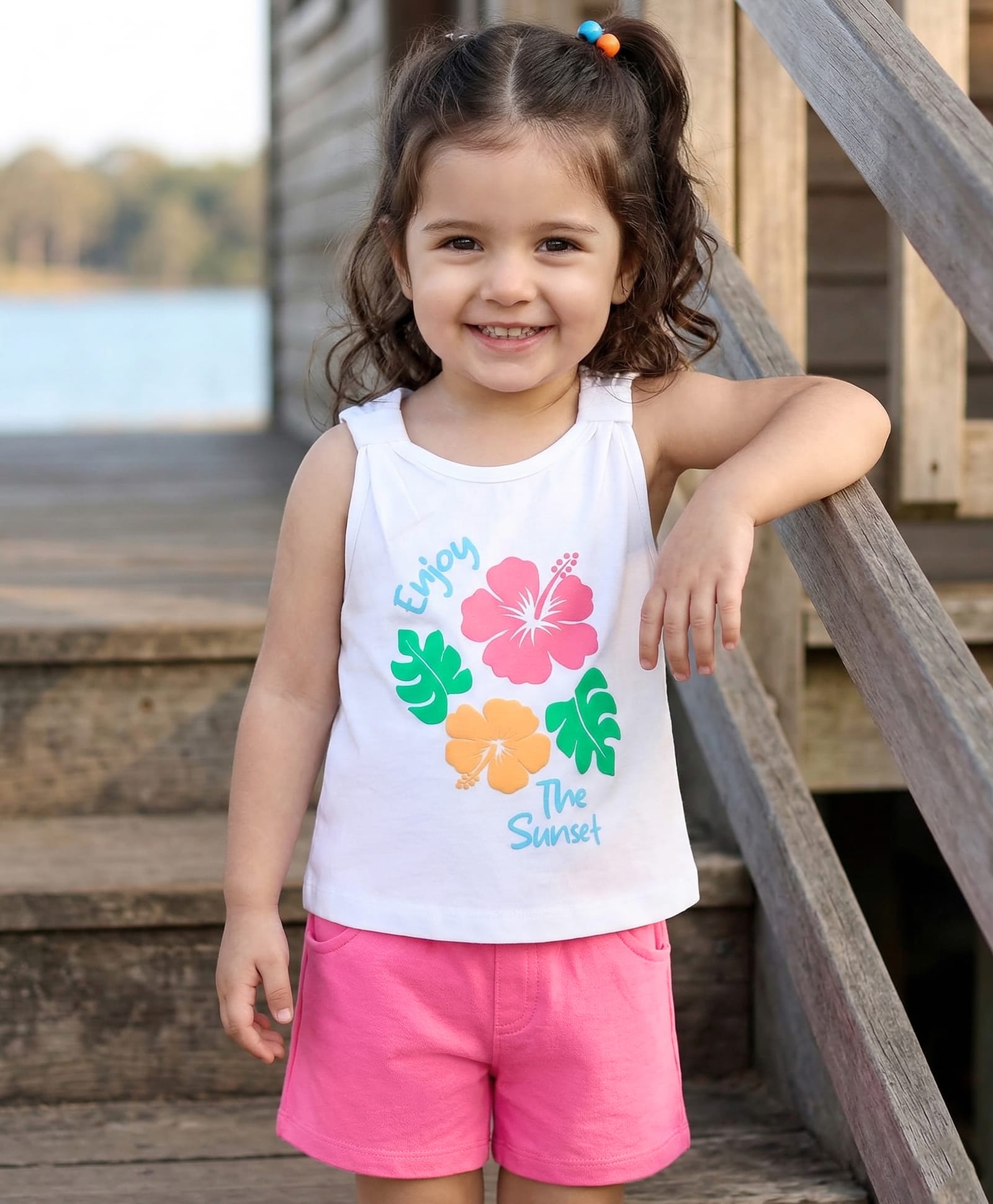 Babyhug Single Jersey Knit Sleeves Tank Top & Shorts Set with Floral Print - Pink & White-image-34