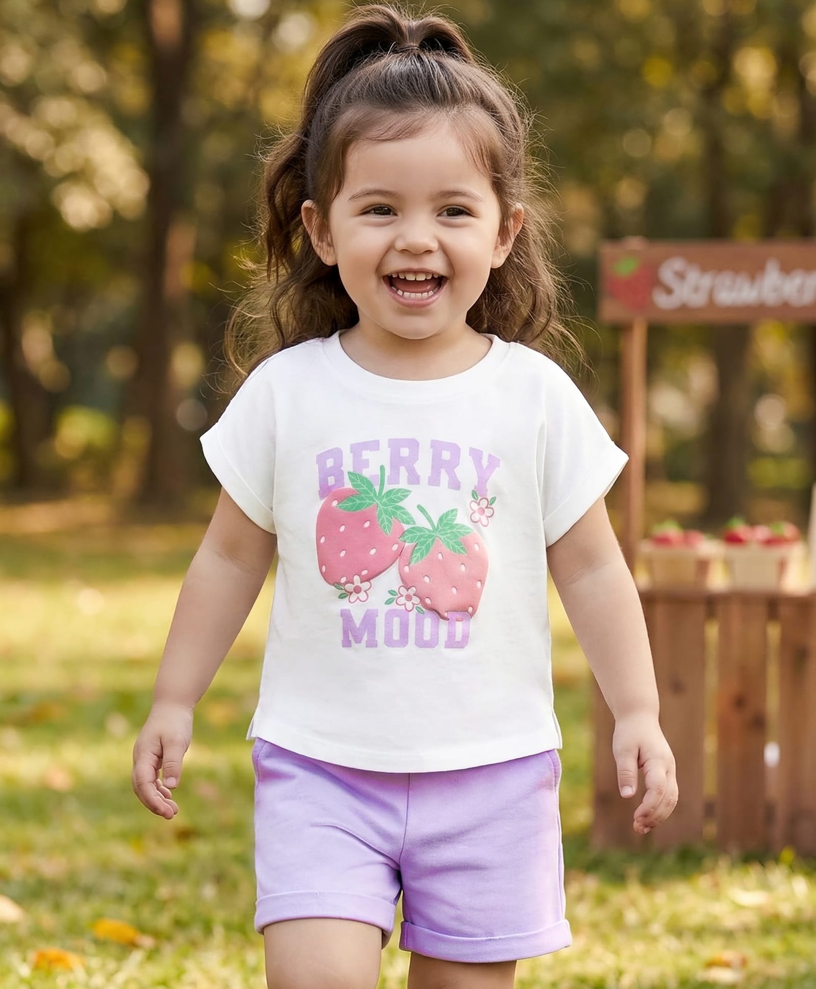 Babyhug Single Jersey Knit Half Sleeves Top & Shorts Set with Berry Mood Print - White & Lavender-picture-11