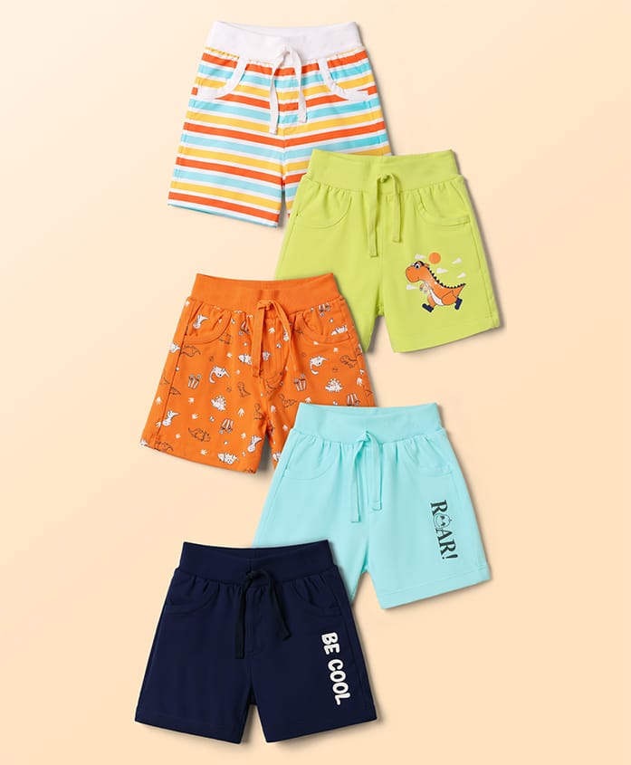 Doodle Poodle 100% Cotton Knit Knee Length Striped Shorts With Dino & Text Print - Navy Blue Orange & Lime Green-picture-11
