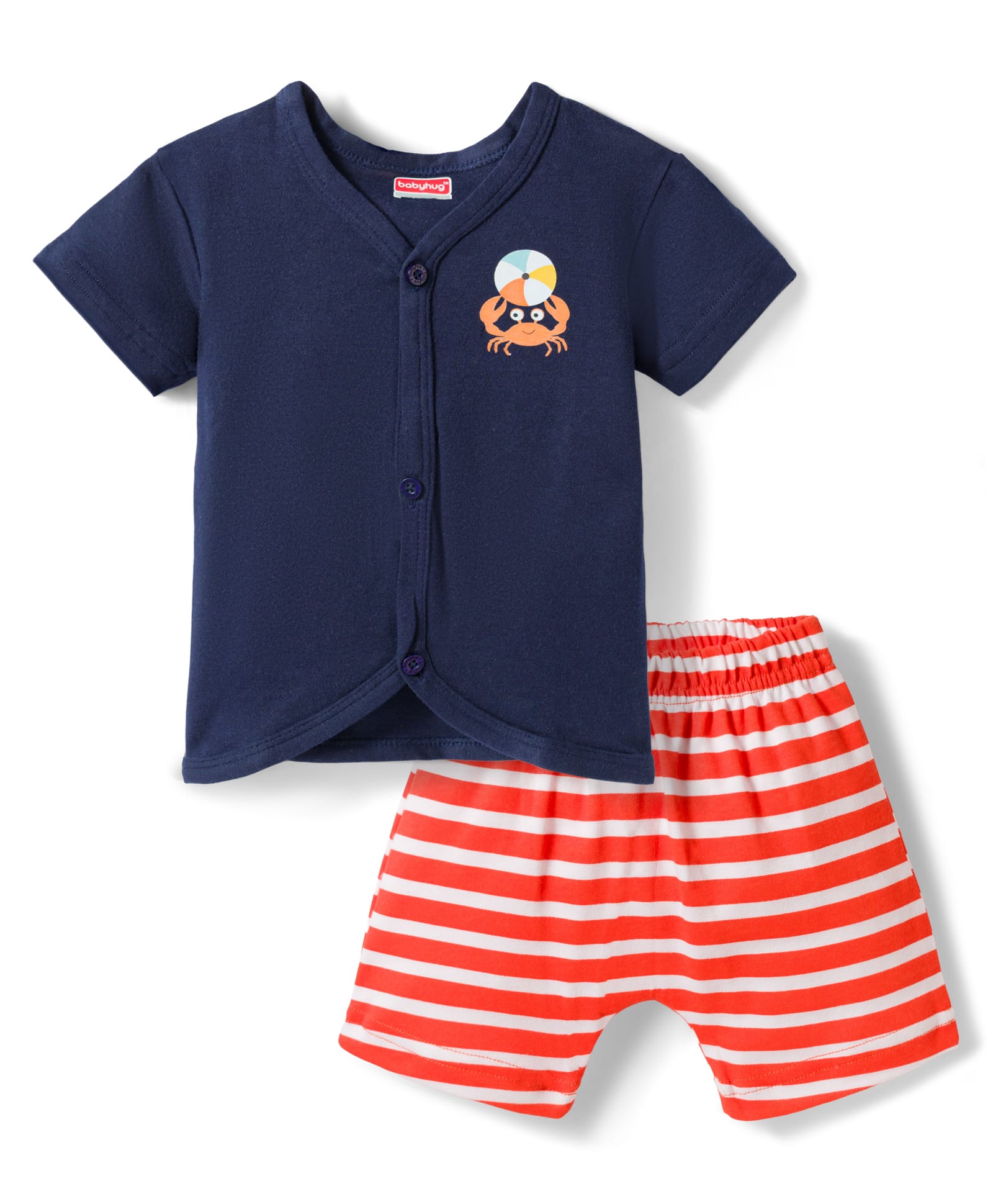 Babyhug Cotton Knit Half Sleeves T-Shirt & Shorts Night Suit with Crab Print & Stripes - Navy Blue-image-33