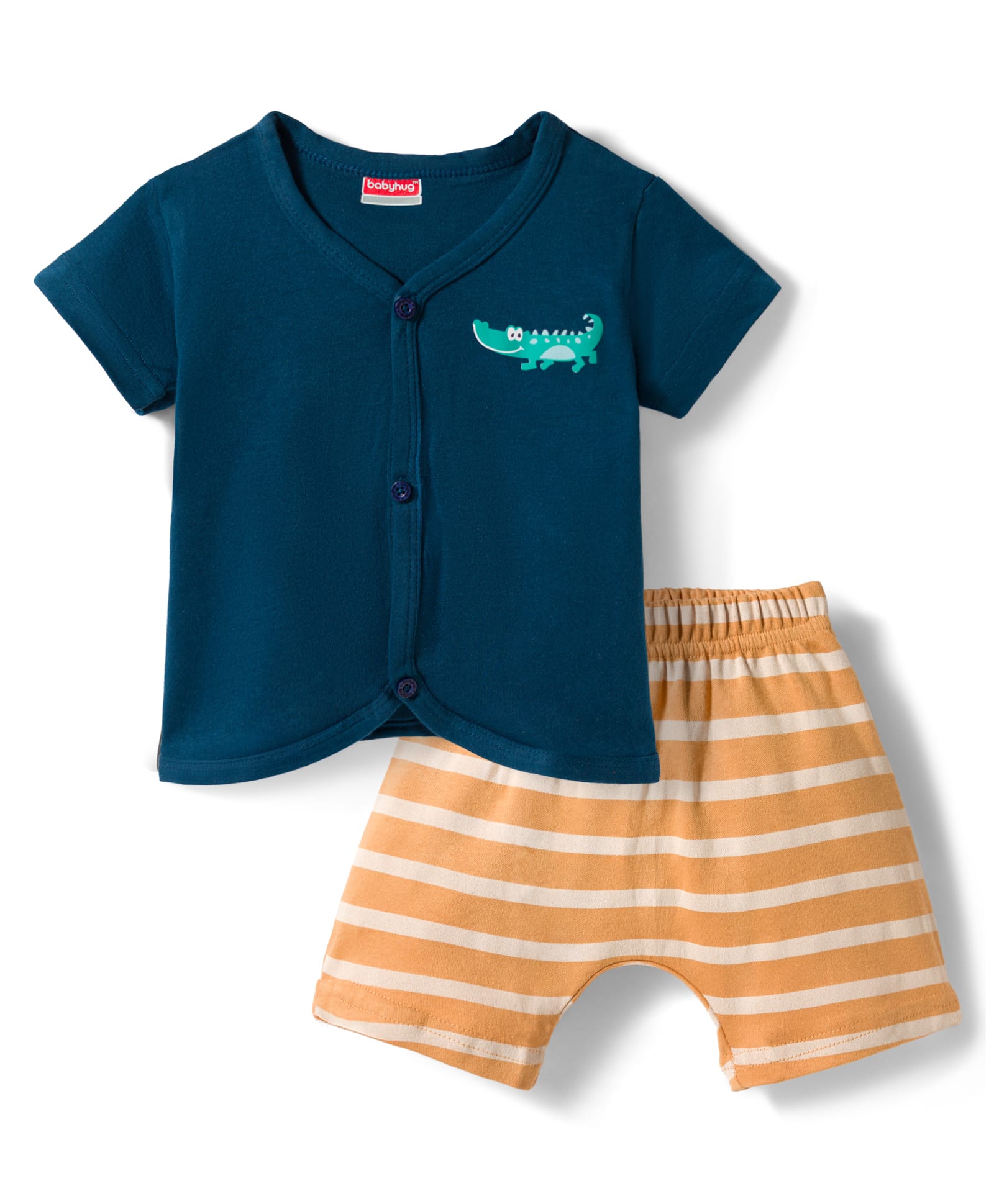 Babyhug Cotton Knit Half Sleeves T-Shirt & Shorts Night Suit with Crocodile Print & Stripes - Multicolor-image-2
