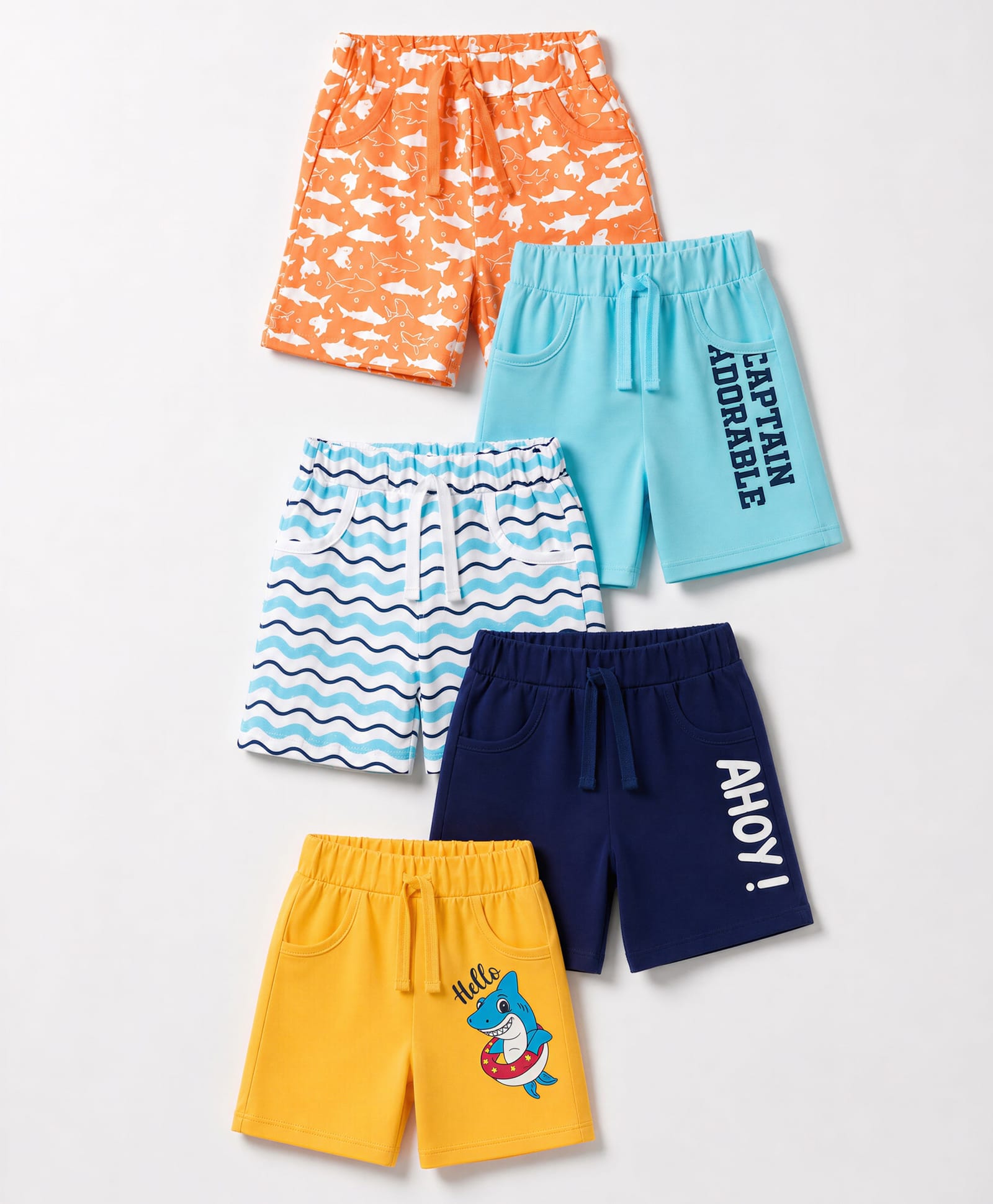 Doodle Poodle 100% Cotton Knit Sea Life Printed Knee Length Shorts Pack Of 5 - Navy Blue Orange & Yellow-picture-16