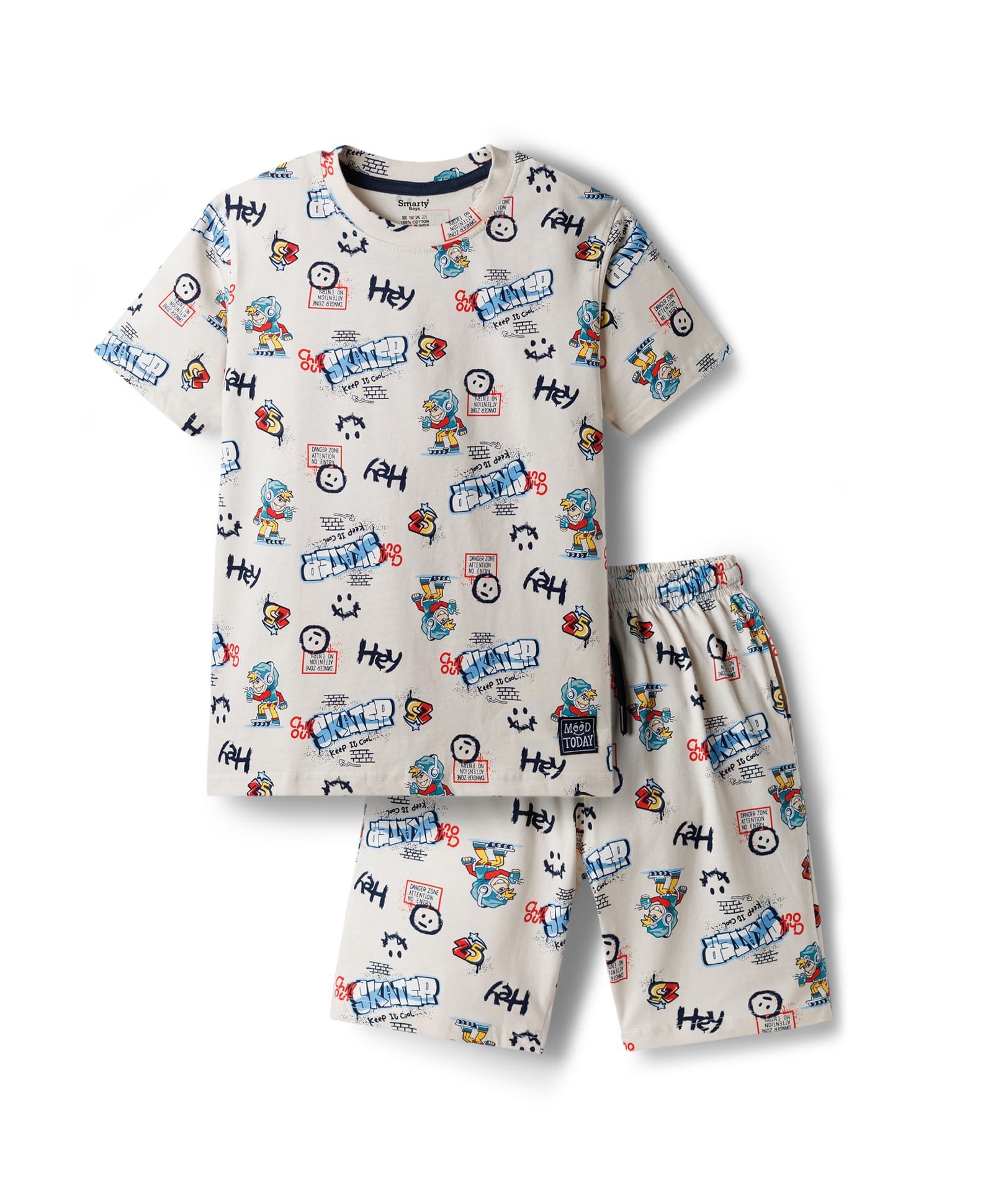 Smarty Boys 100% Cotton Knit Half Sleeves Co-Ords Text Printed T-Shirt & Shorts Night Suit - OffWhite-picture-33