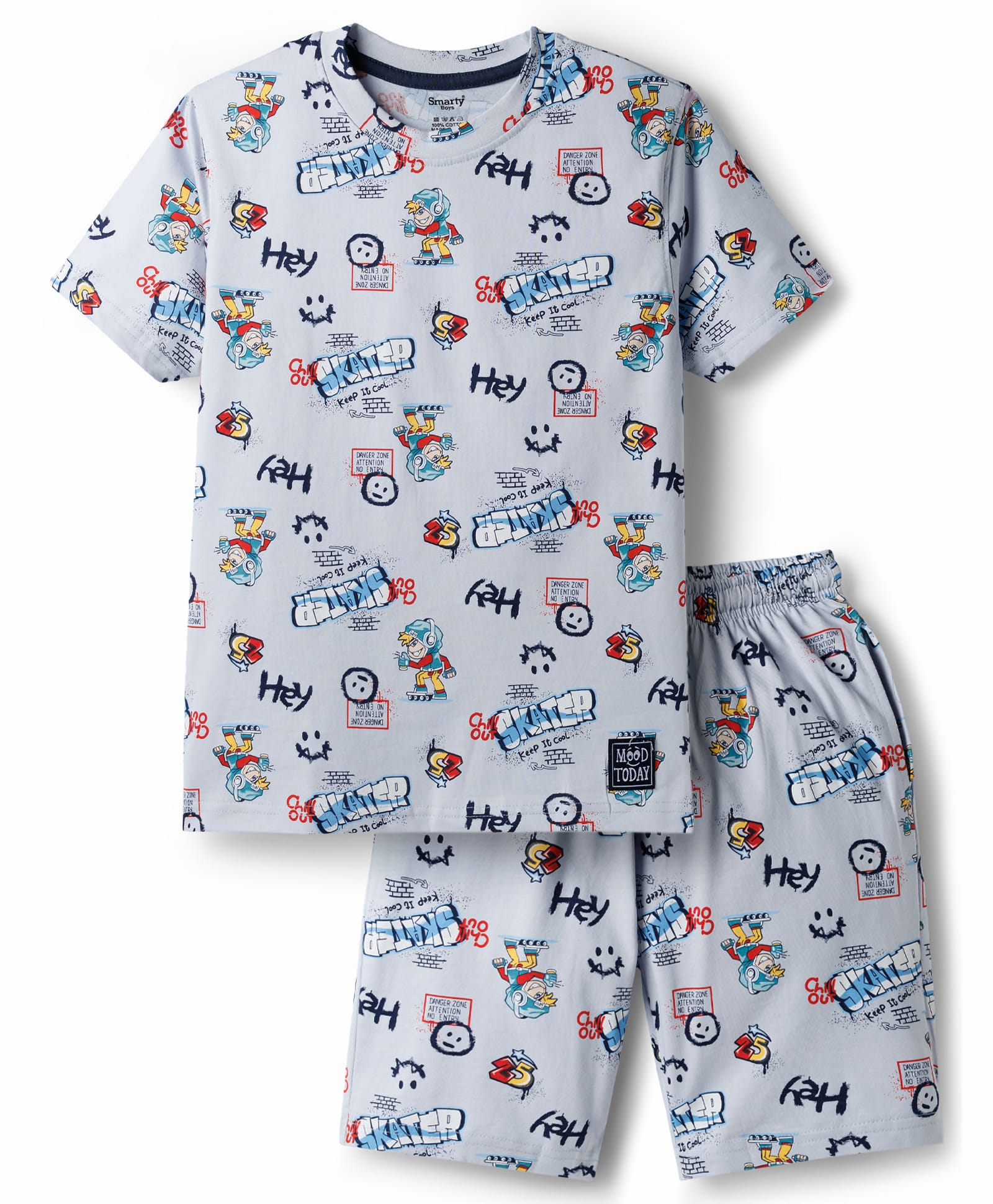 Smarty Boys 100% Cotton Knit Half Sleeves Co-Ords Text Printed T-Shirt & Shorts Night Suit - Light Blue-image-35
