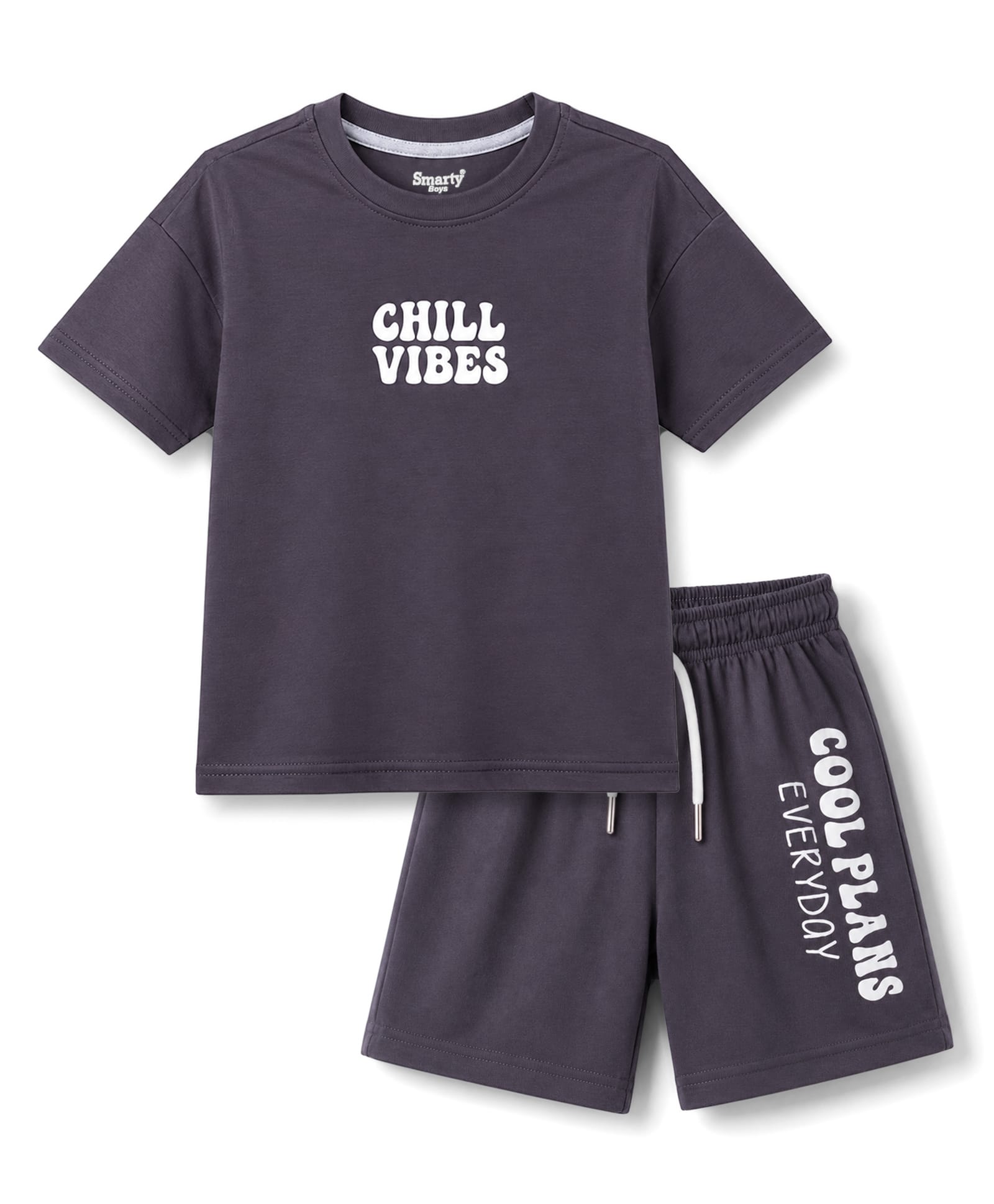 Smarty Boys Sinker Knit Drop Shoulder Sleeves T-Shirt & Shorts Night Suit With Text Print - Charcoal Grey-image-49