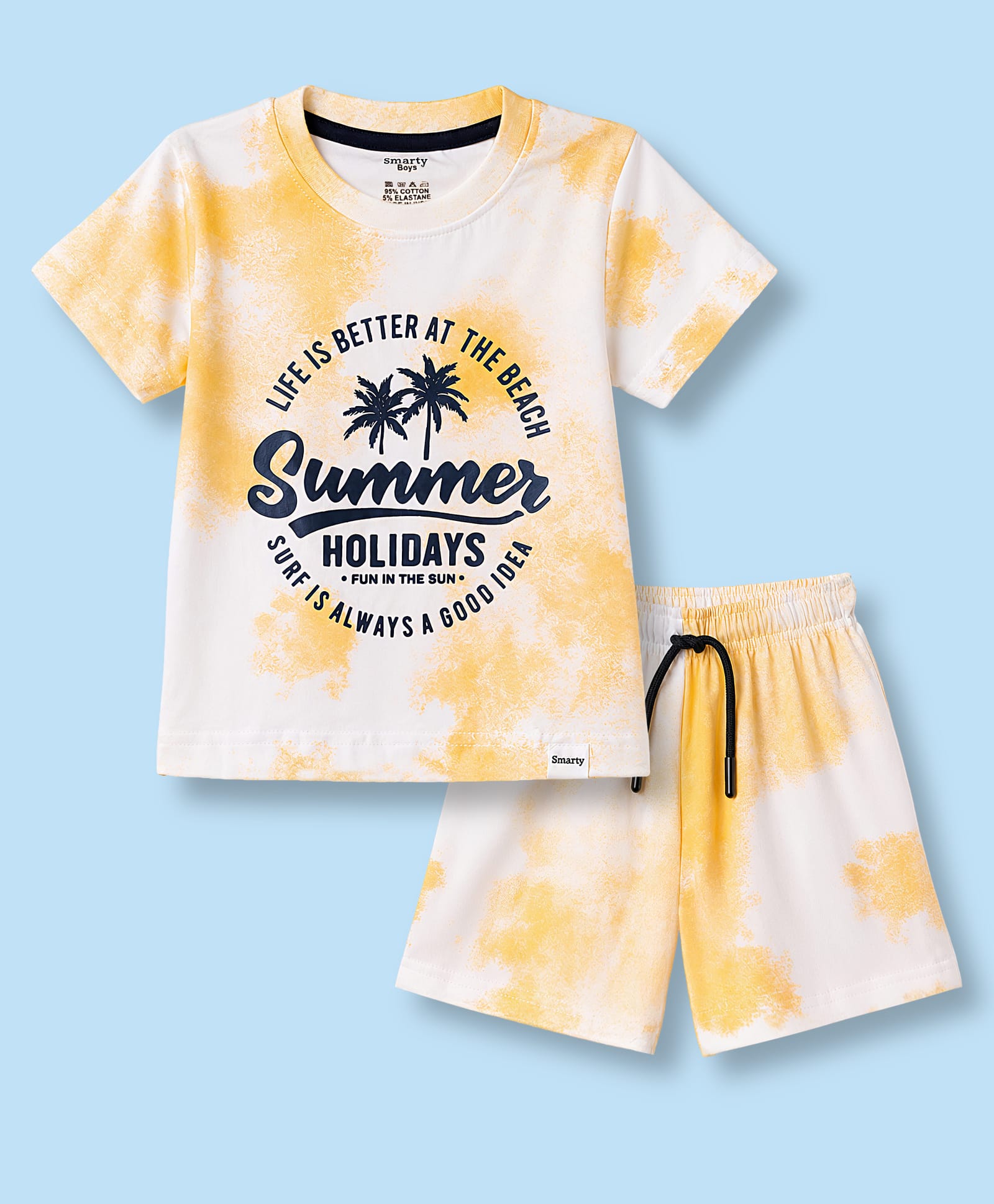 Smarty Boys Sinker Knit Half Sleeves Beach Theme Printed T-Shirt & Shorts Set - Yellow-picture-7