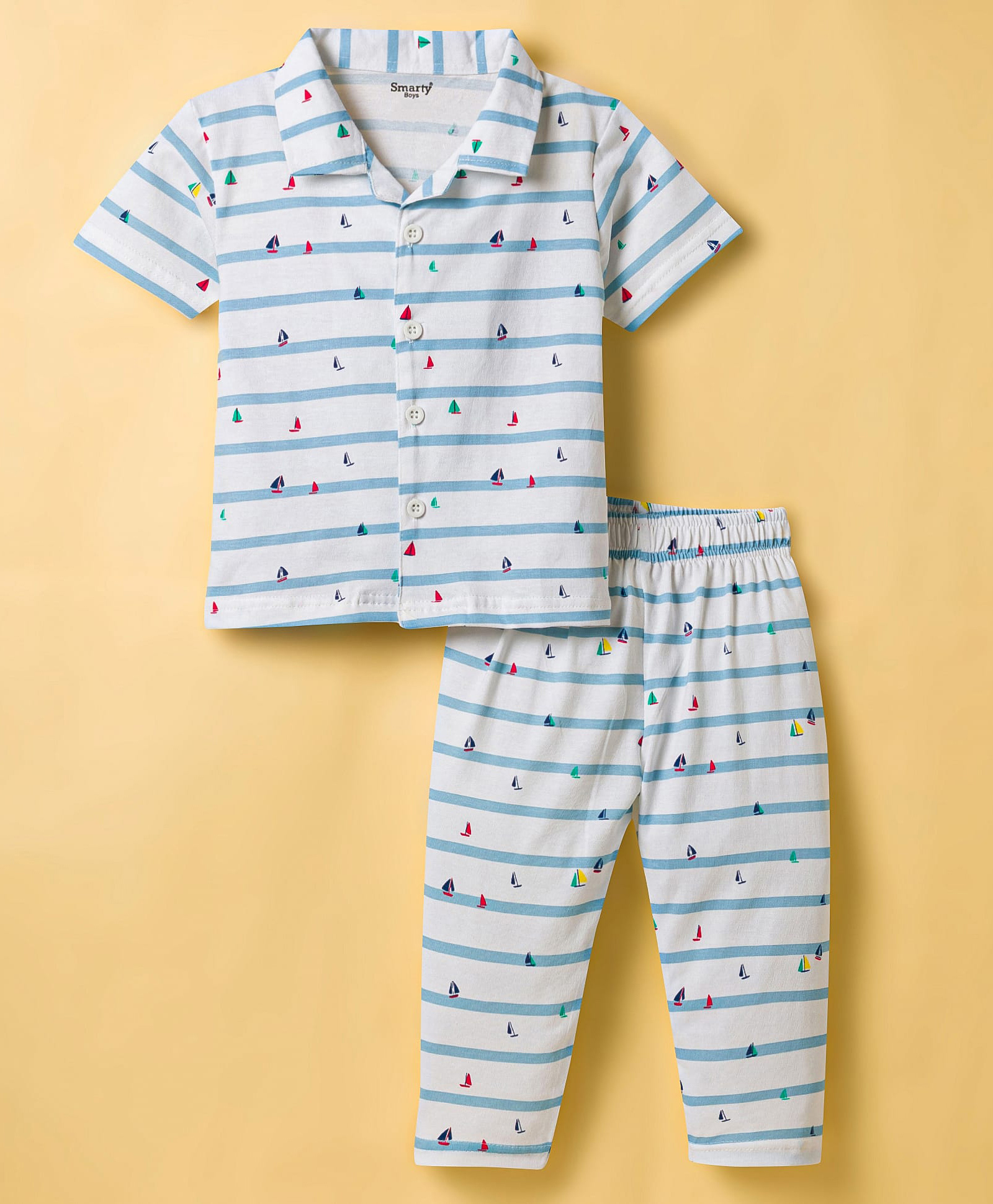 Smarty Boys Sinker Knit Half Sleeves Co-ords Striped Shirt & Pajama Night Suit with Ship Print - Pink-image-4
