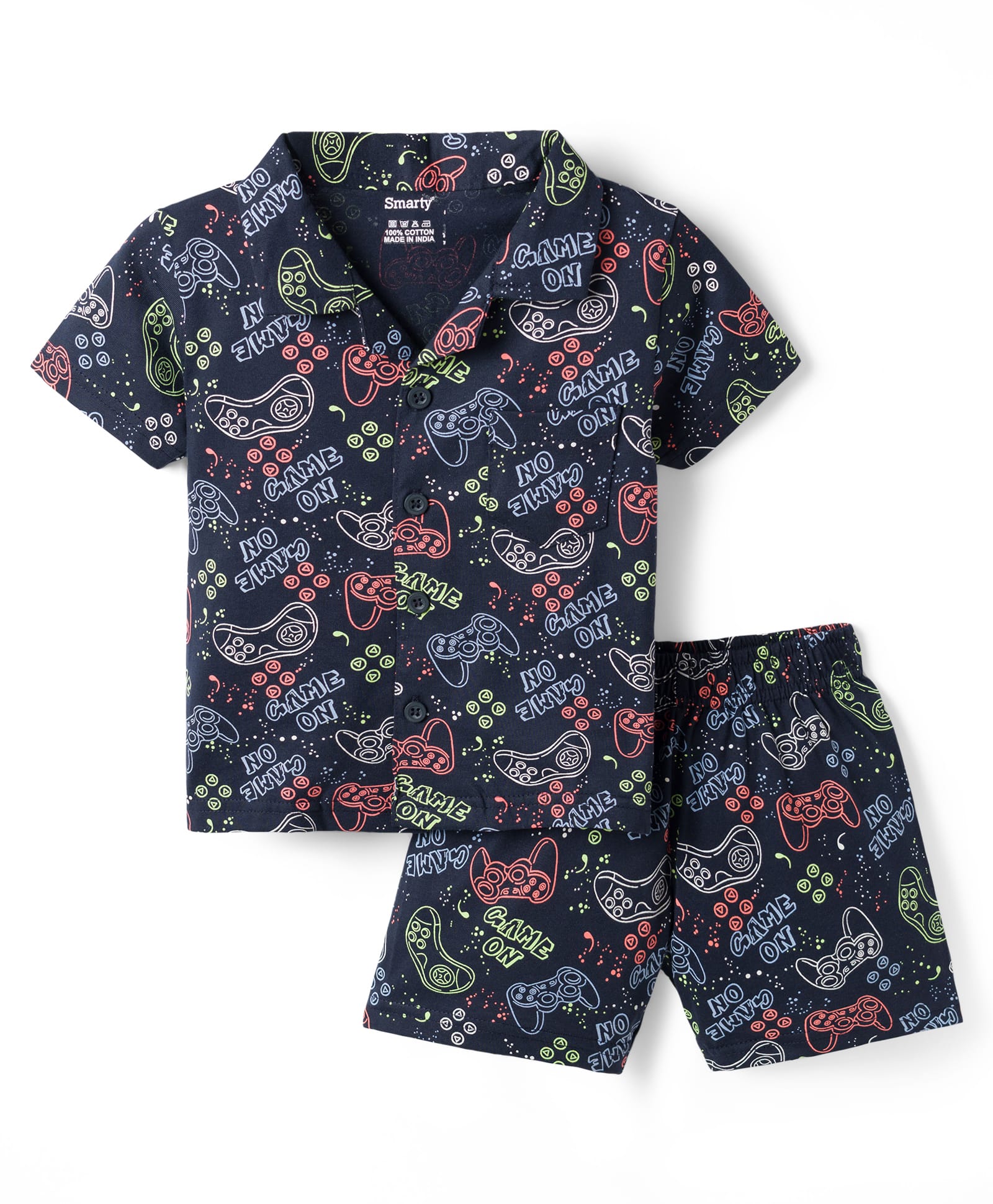 Smarty Boys Sinker Knit Half Sleeves Co-ords Shirt & Shorts Night Suit with Gaming Print - Navy Blue-image-26