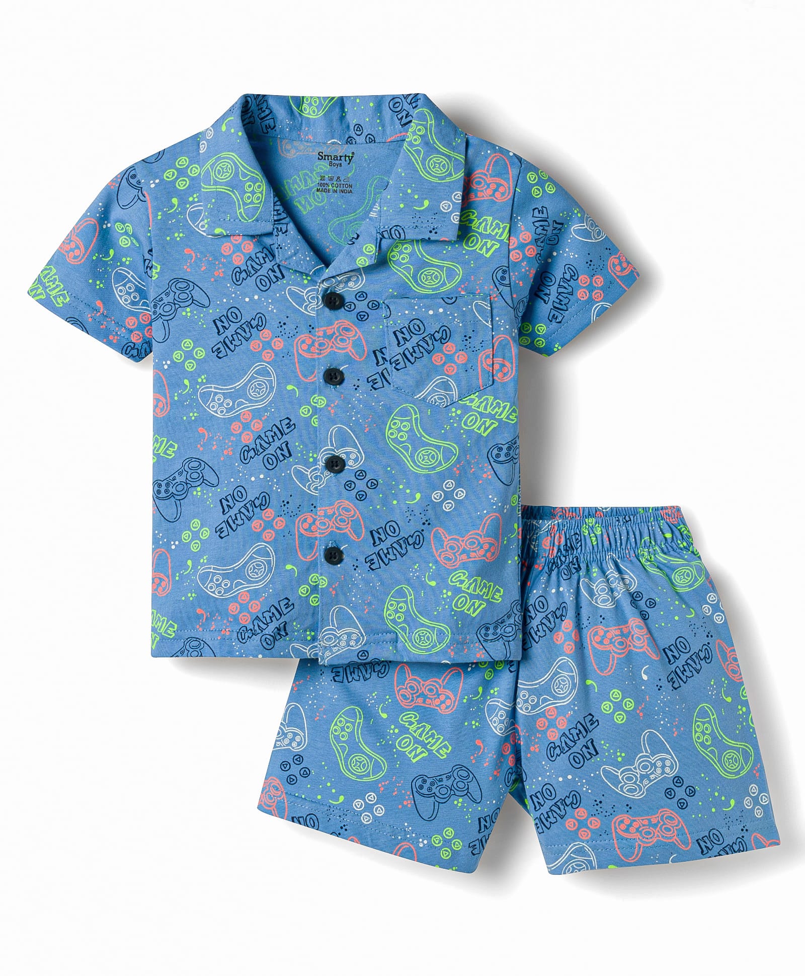Smarty Boys Sinker Knit Half Sleeves Co-ords Shirt & Shorts Night Suit with Gaming Print - Blue-image-45