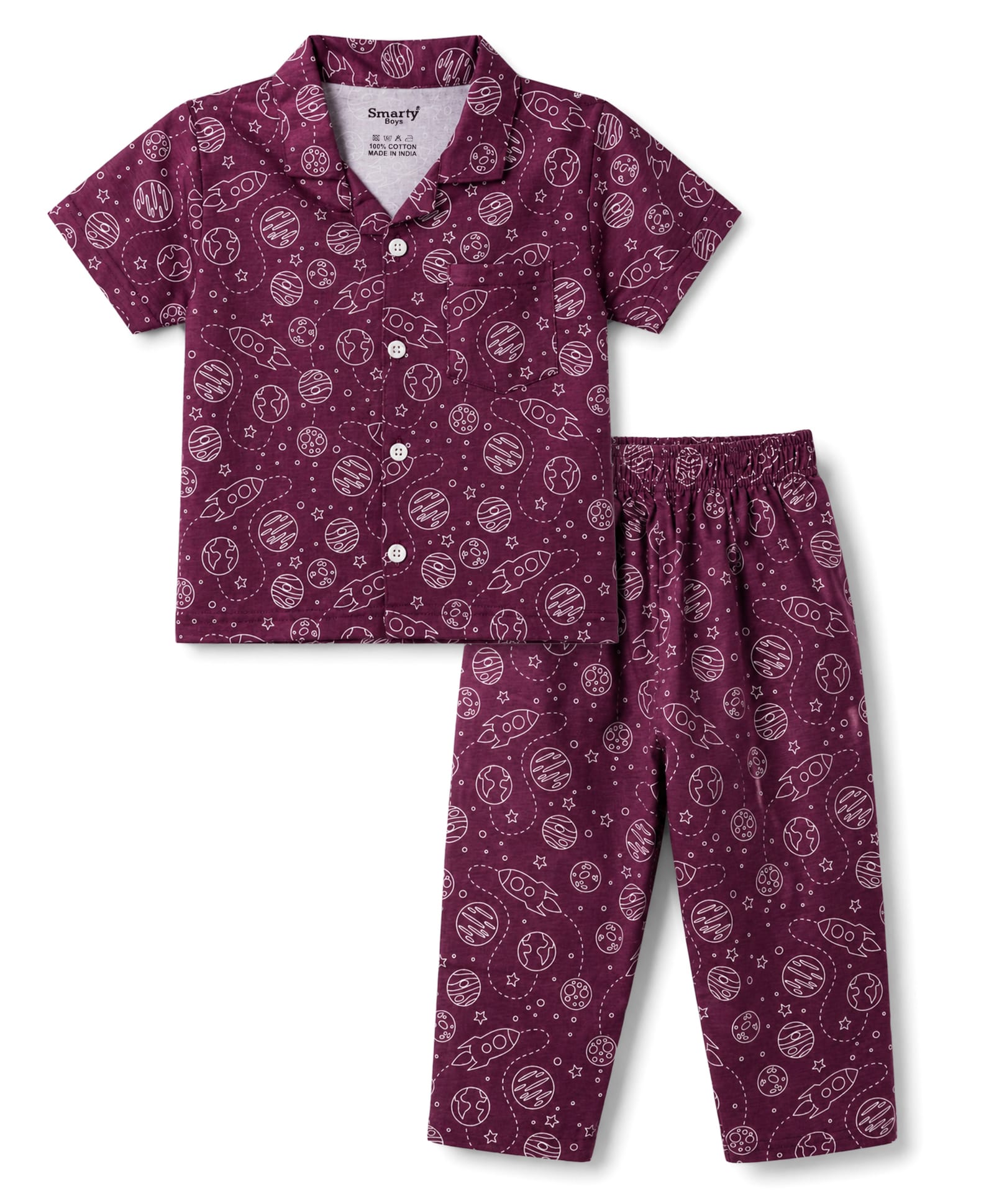 Smarty Boys Sinker Knit Half Sleeves Shirt & Pajama Night Suit With Space Theme Print - Burgandy-image-16