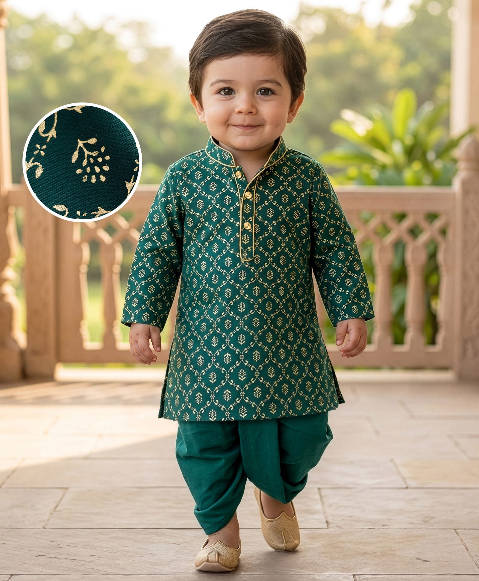 EARTHY TOUCH Cotton Jersey Knit Full Sleeves Kurta & Dhoti Set with Floral Foil Print - Green-image-31