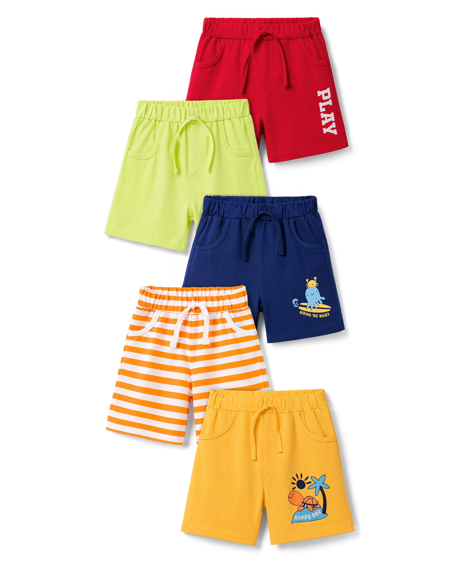 Doodle Poodle 100% Cotton Single Jersey Knit Striped & Turtle Printed Shorts Pack of 5 - Blue Red & Navy-picture-16