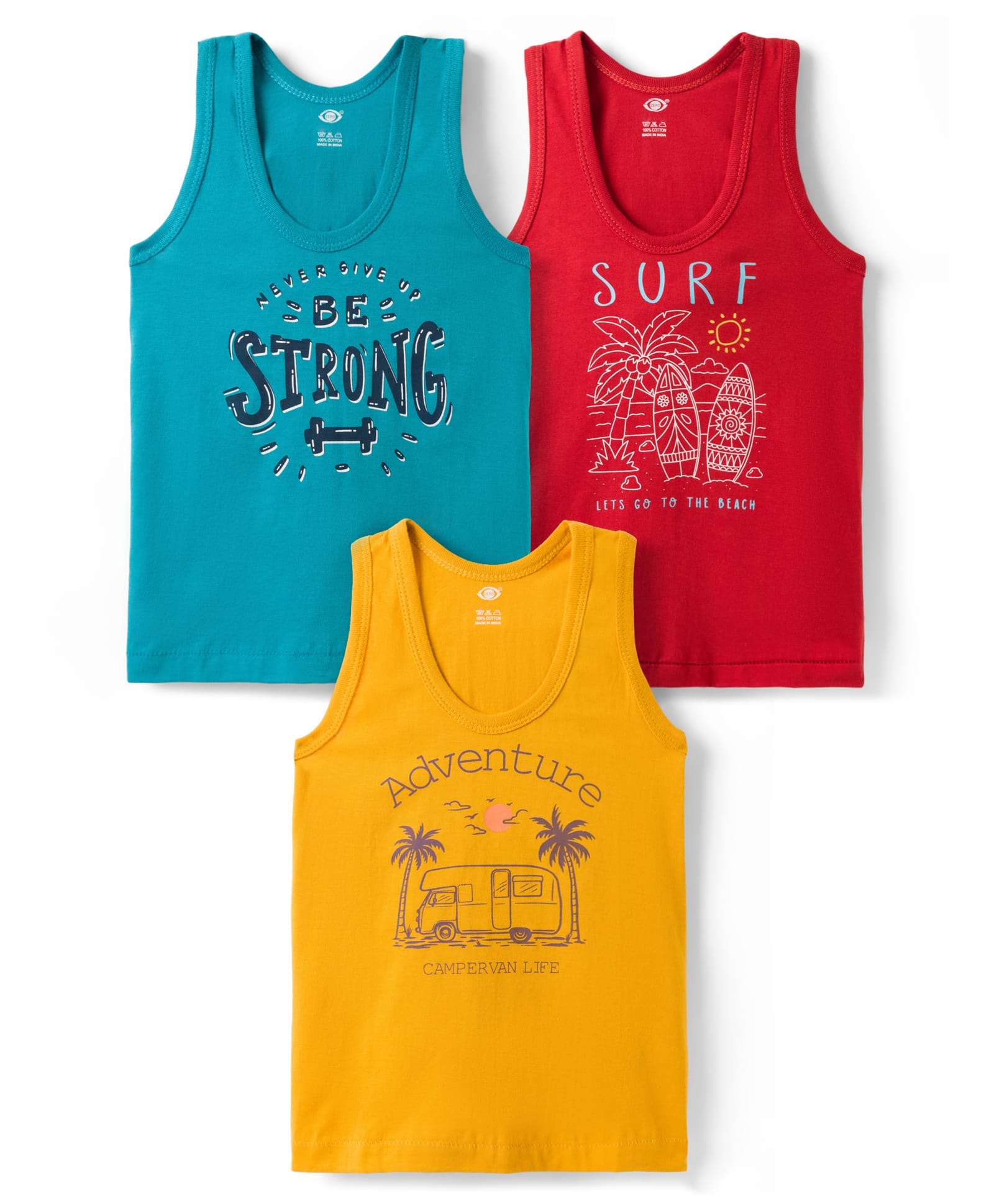 Zero Knitted Sleeveless Beach Theme Printed Vests Pack Of 3 - Red Mustard & Teal Blue-image-27