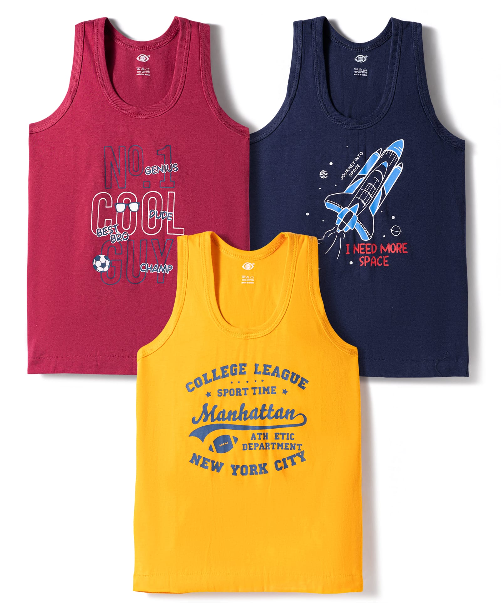 Zero Knitted Sleeveless Space & Sports Theme Printed Vests Pack Of 3 - Multicolour-image-12