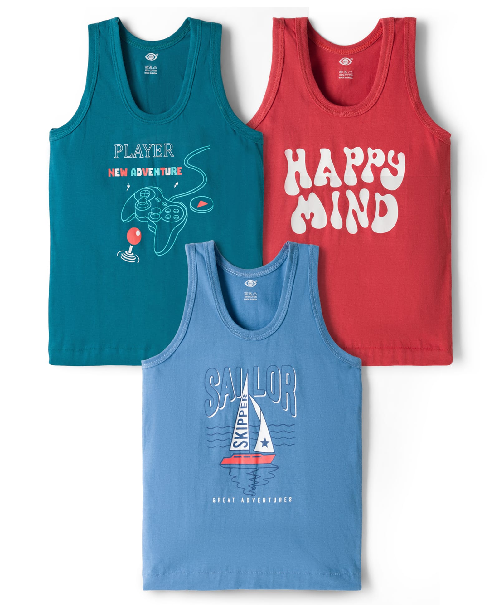 Zero Knitted Sleeveless Nautical Theme Printed Vests Pack Of 3 - Blue Green & Orange-image-29