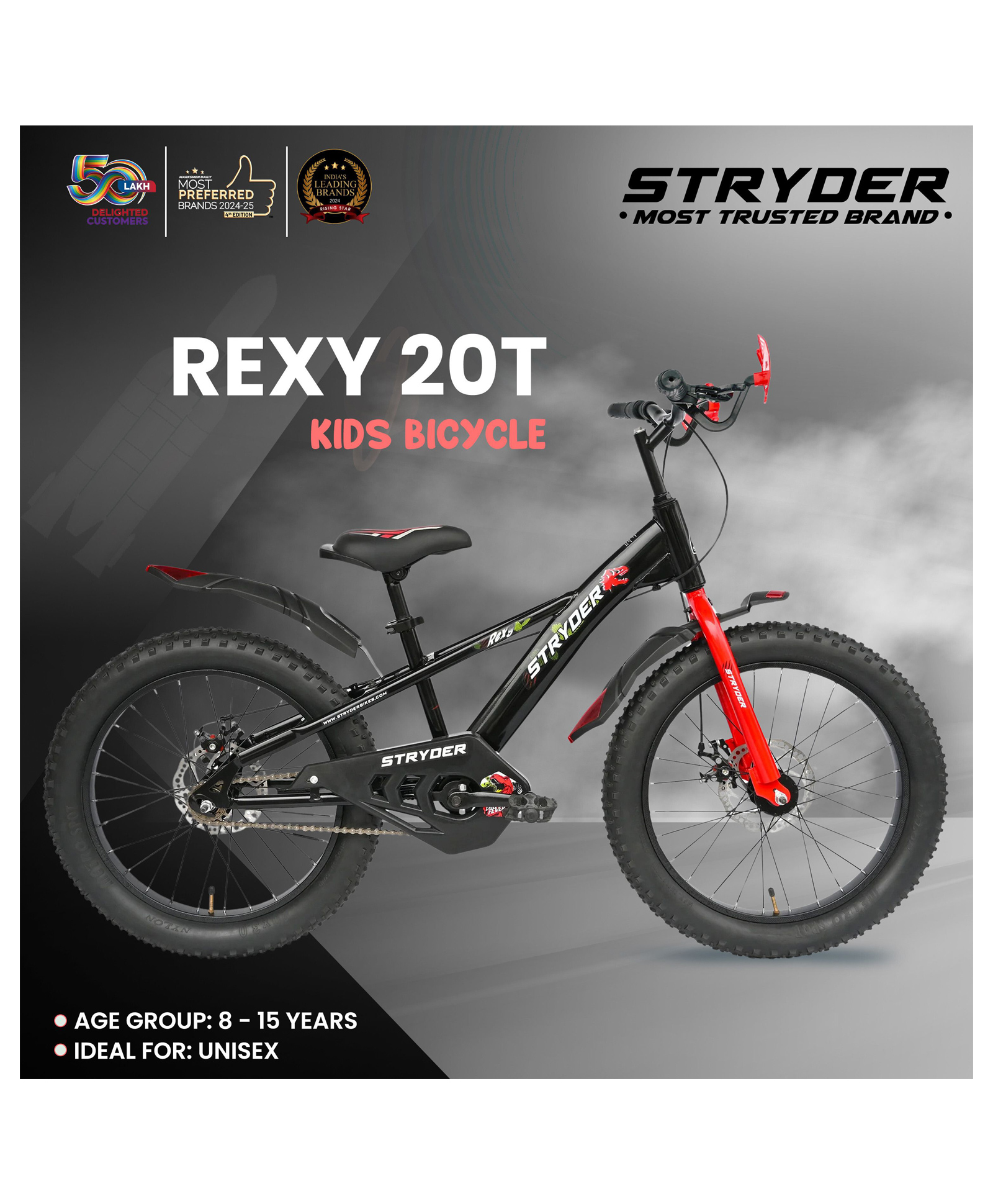 Stryder 20T BMX Rexy Dual Disc Kids Cycle Age 7 13 Years Height 48 60 inch - Black-picture-12
