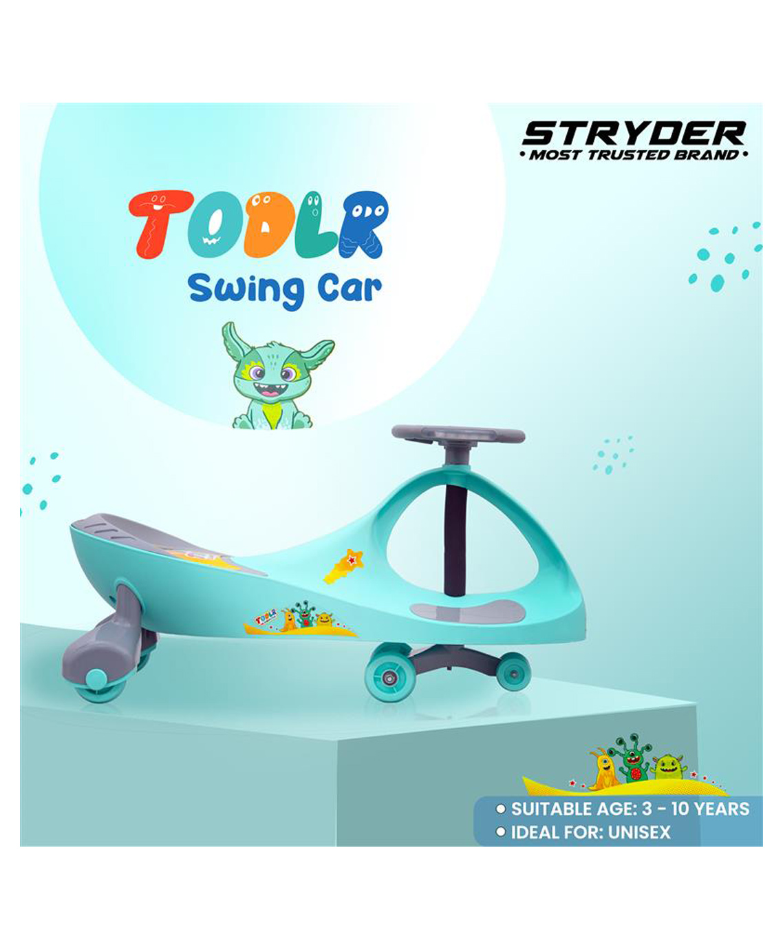 Stryder Kids Swing Car Ride-On Toy Age 2 to 5 Years - Sea green grey-image-29