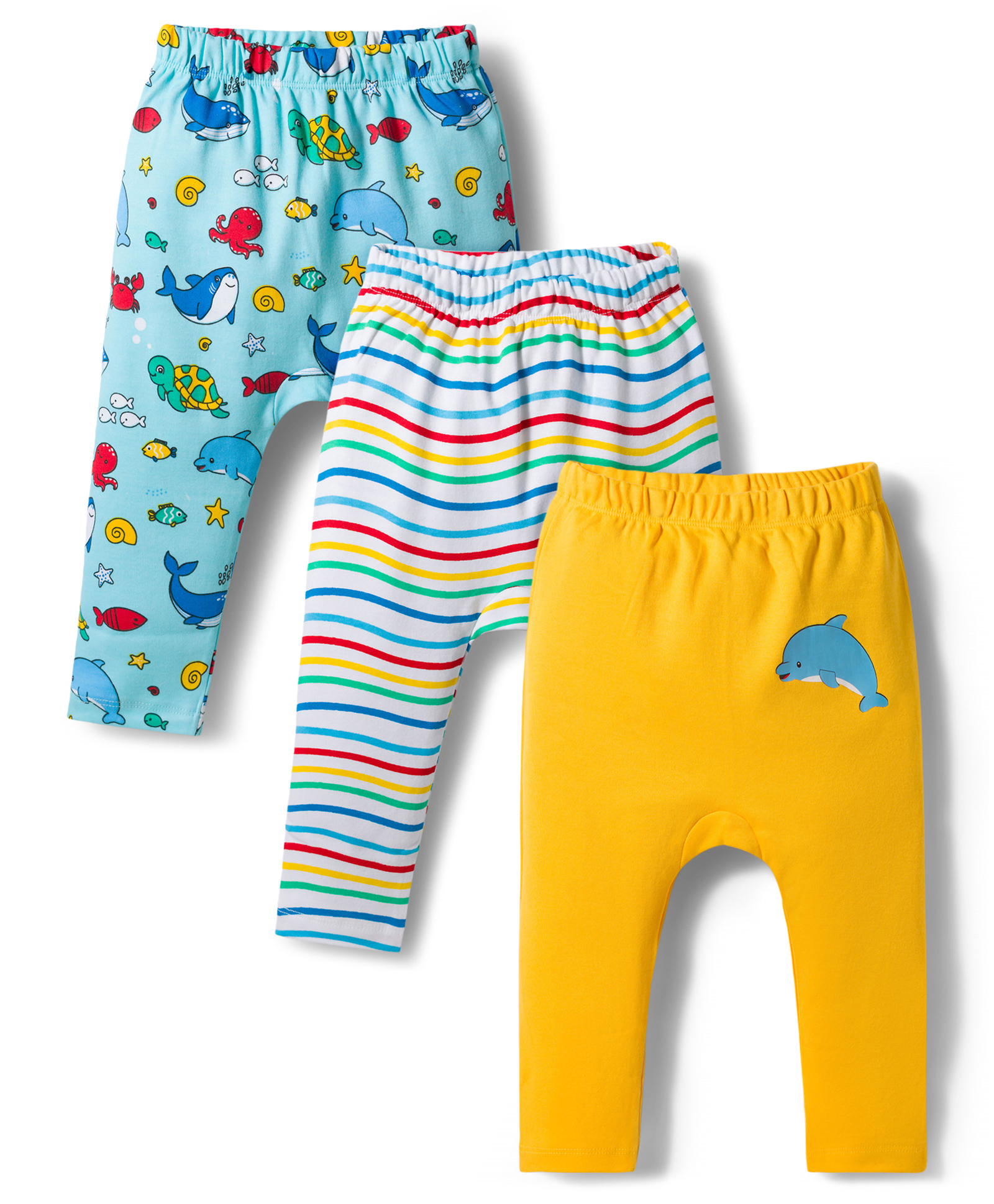 Babyhug Interlock Knit Full Length Sea Life Printed Diaper Leggings Pack Of 3 - Multicolour-image-26