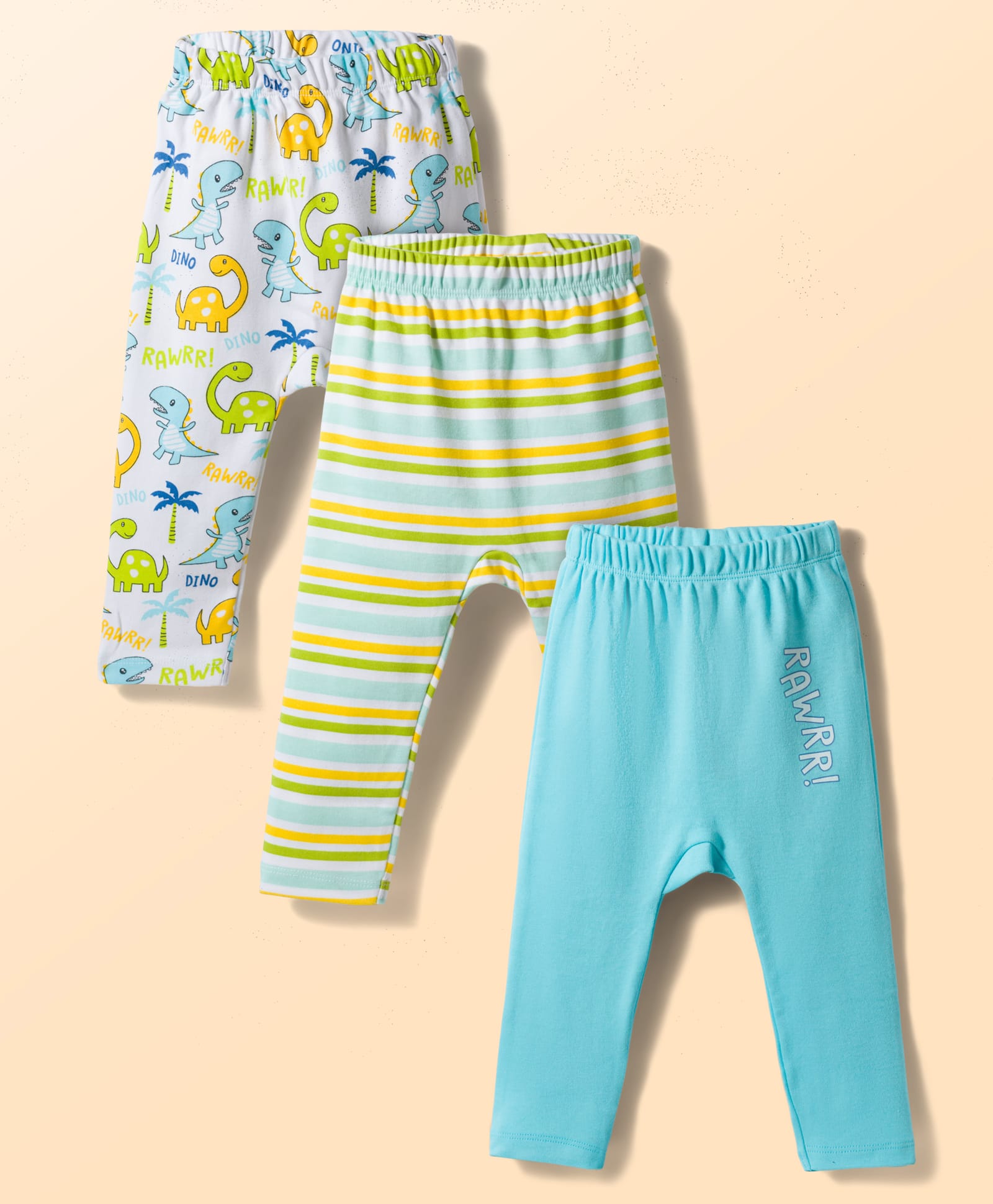 Babyhug Interlock Knit Full Length Striped & Dino Printed Diaper Leggings Pack of 3 - Multicolor-picture-17