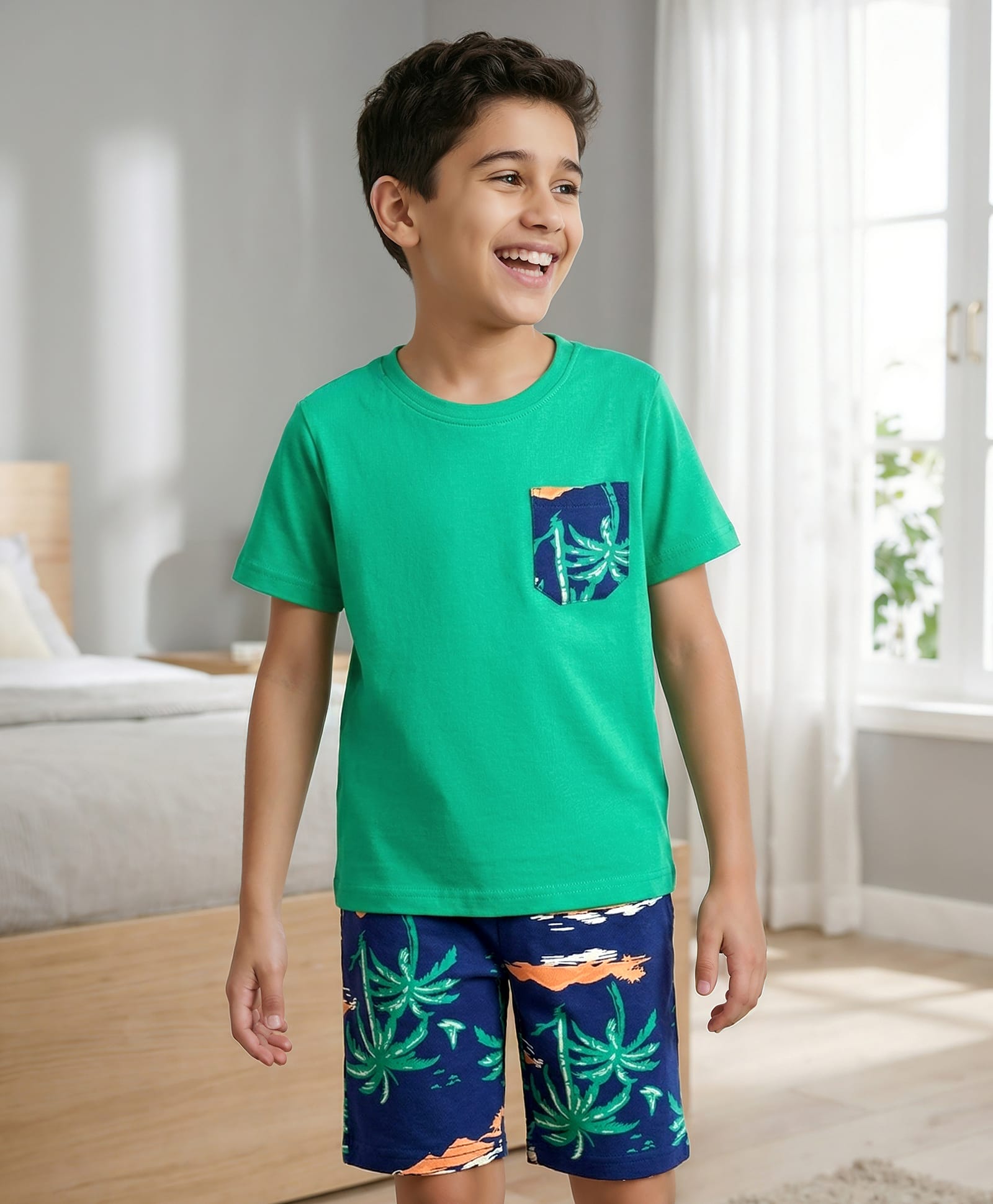 Pine Kids Cotton Knit Half Sleeves T-Shirt & Shorts Night Suit With Tree Print - Green-image-49