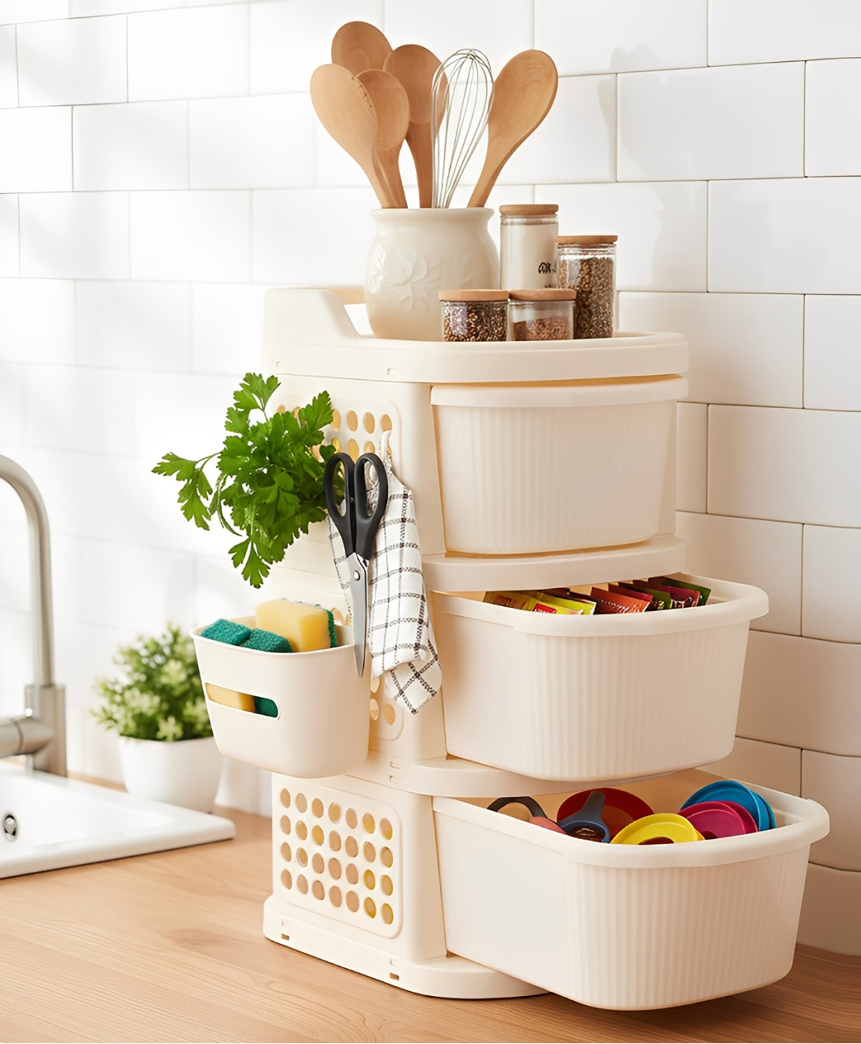 JD FRESH 3 Tier Plastic Storage Drawer Cabinet with Wheels Plastic Storage Trolley Rack (Ivory)-picture-18