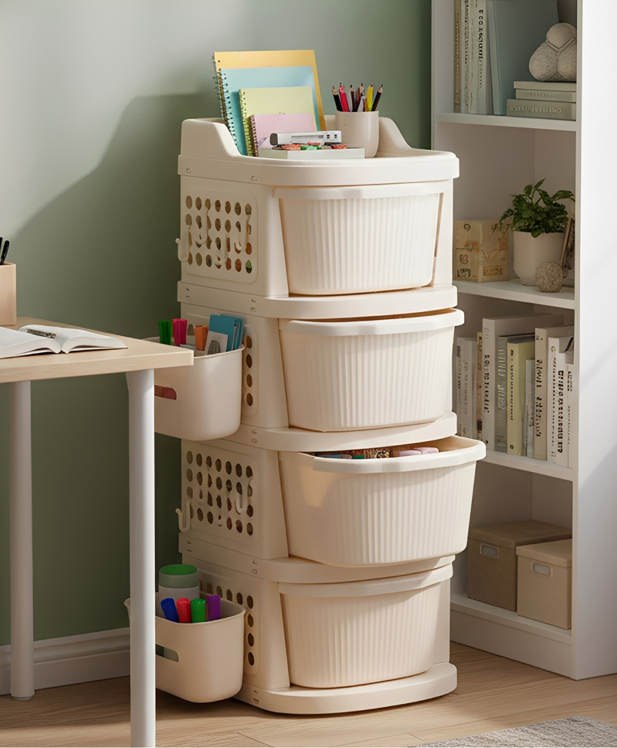 JD FRESH 4 Tier Plastic Storage Drawer Cabinet with Wheels Plastic Storage Trolley Rack (Ivory)-picture-12