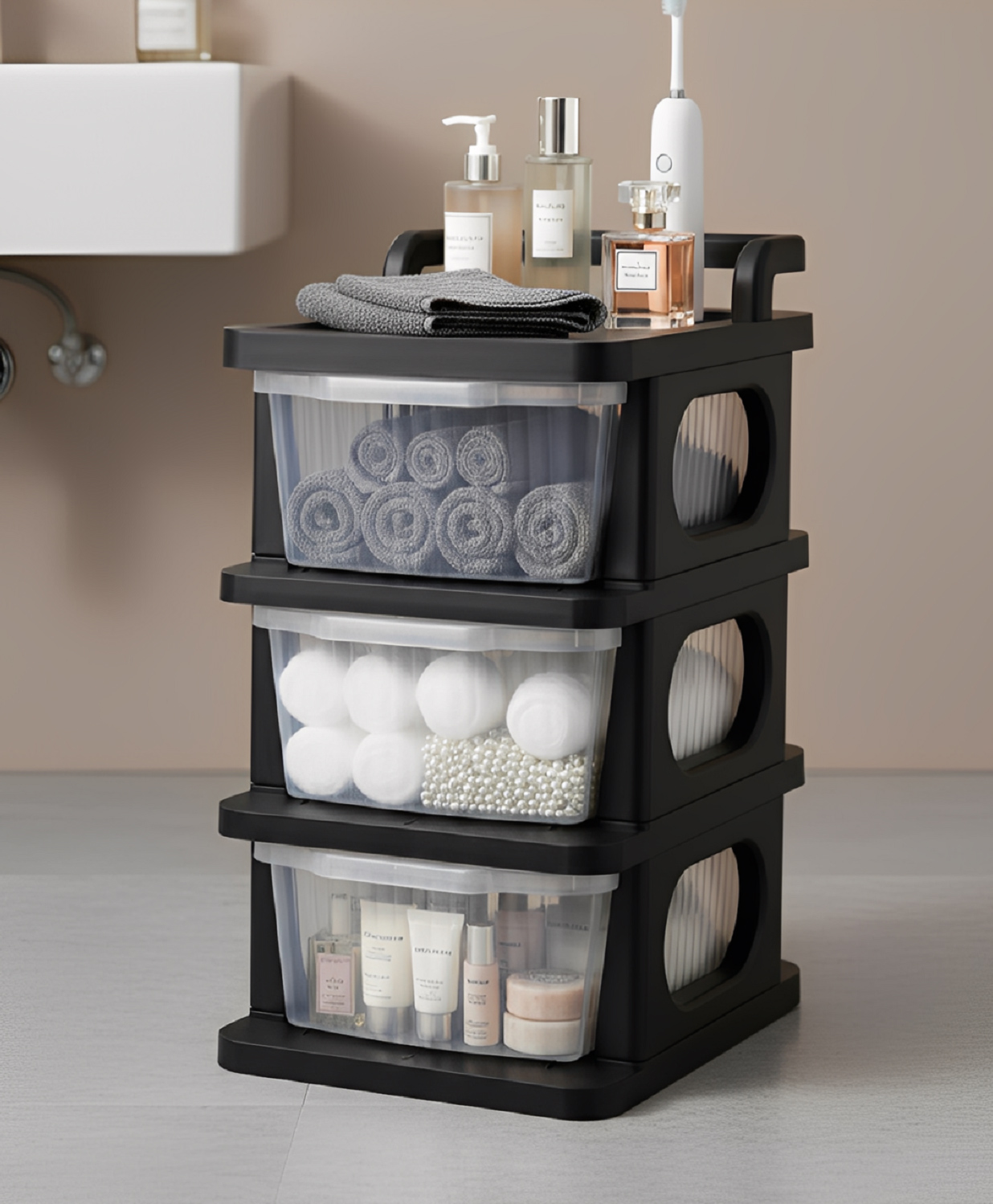 JD Fresh 3 Tier Plastic Drawer Organizer Multipurpose Storage Rack (Black & Transparent)-image-4