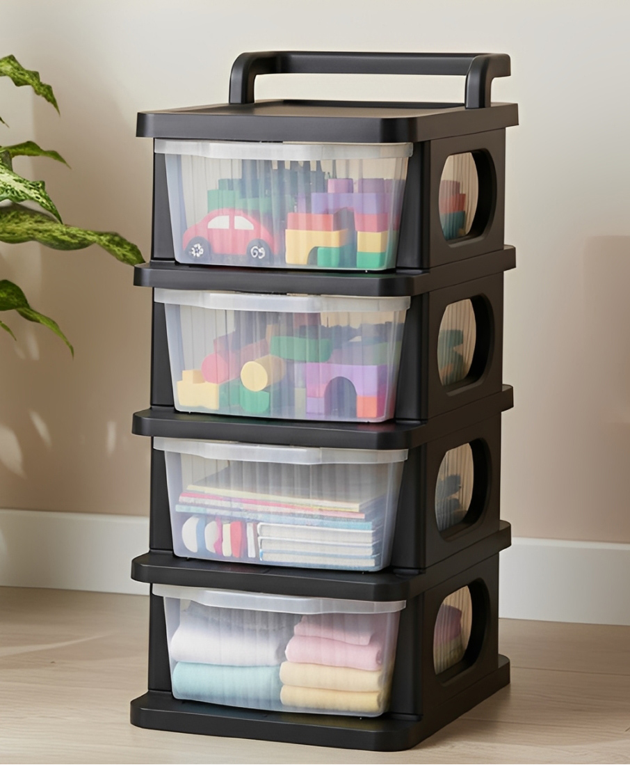 JD Fresh 4 Tier Plastic Drawer Organizer Multipurpose Storage Rack (Black & Transparent)-image-35