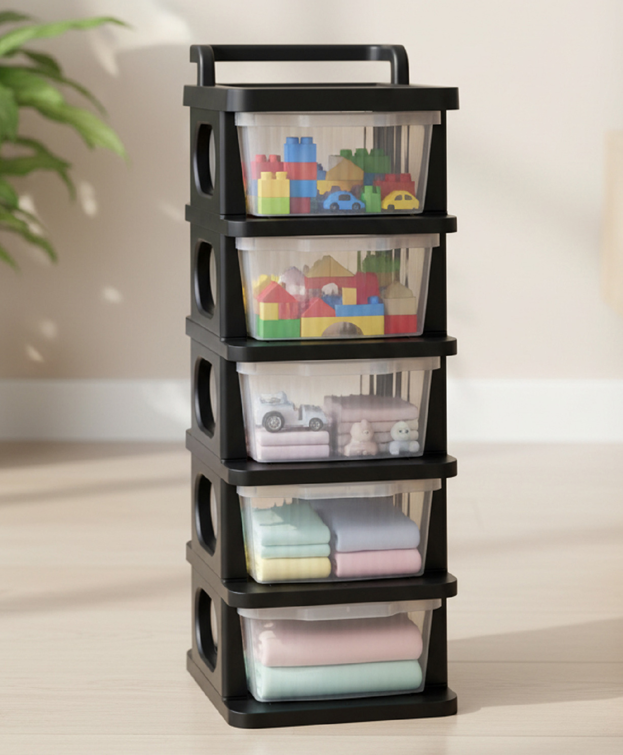 JD Fresh 5 Tier Plastic Drawer Organizer Multipurpose Storage Rack (Black & Transparent)-picture-11