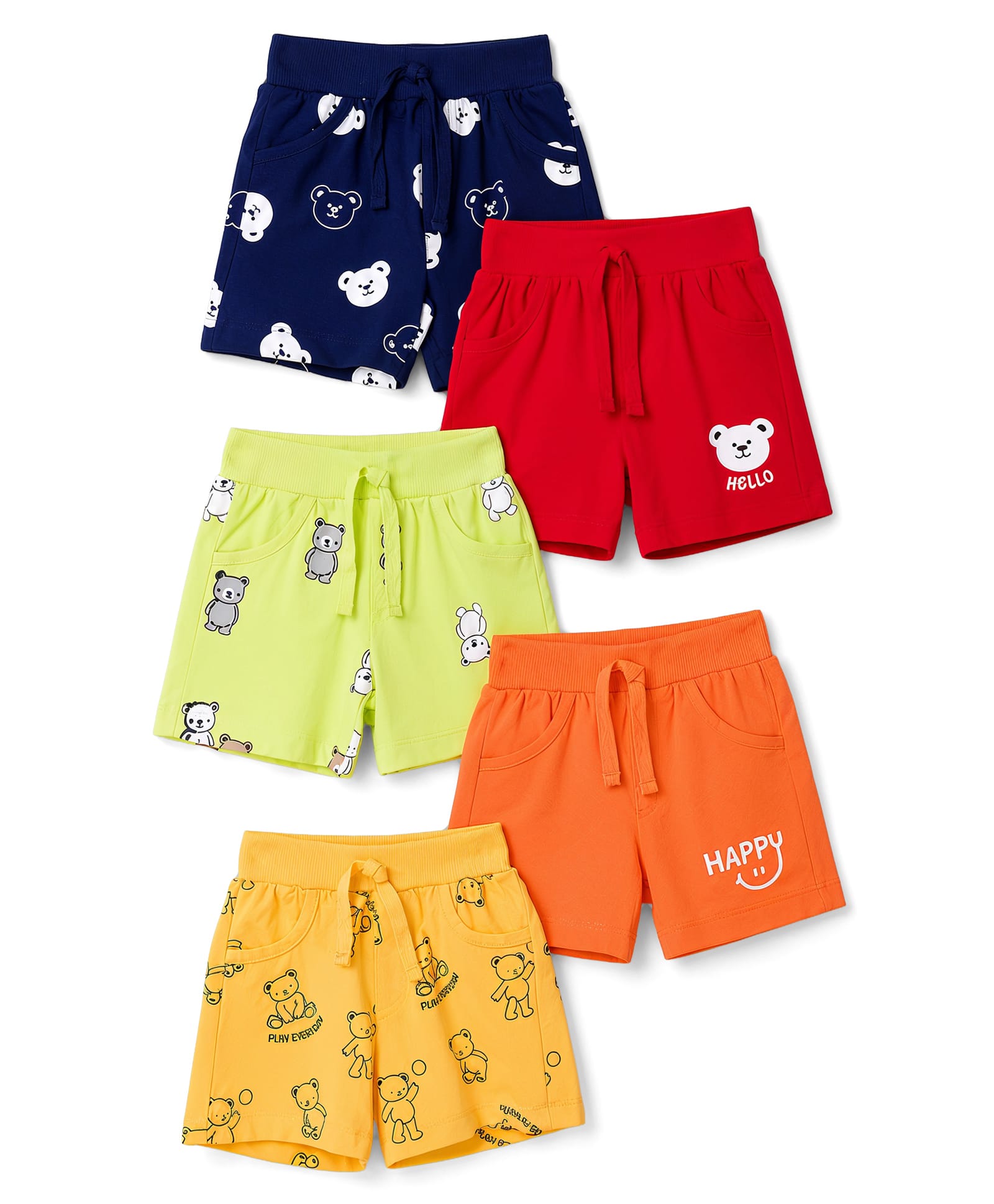 Doodle Poodle 100% Cotton Knit Knee Length Bear Printed Shorts Pack Of 5 - Red Orange & Navy Blue-picture-14