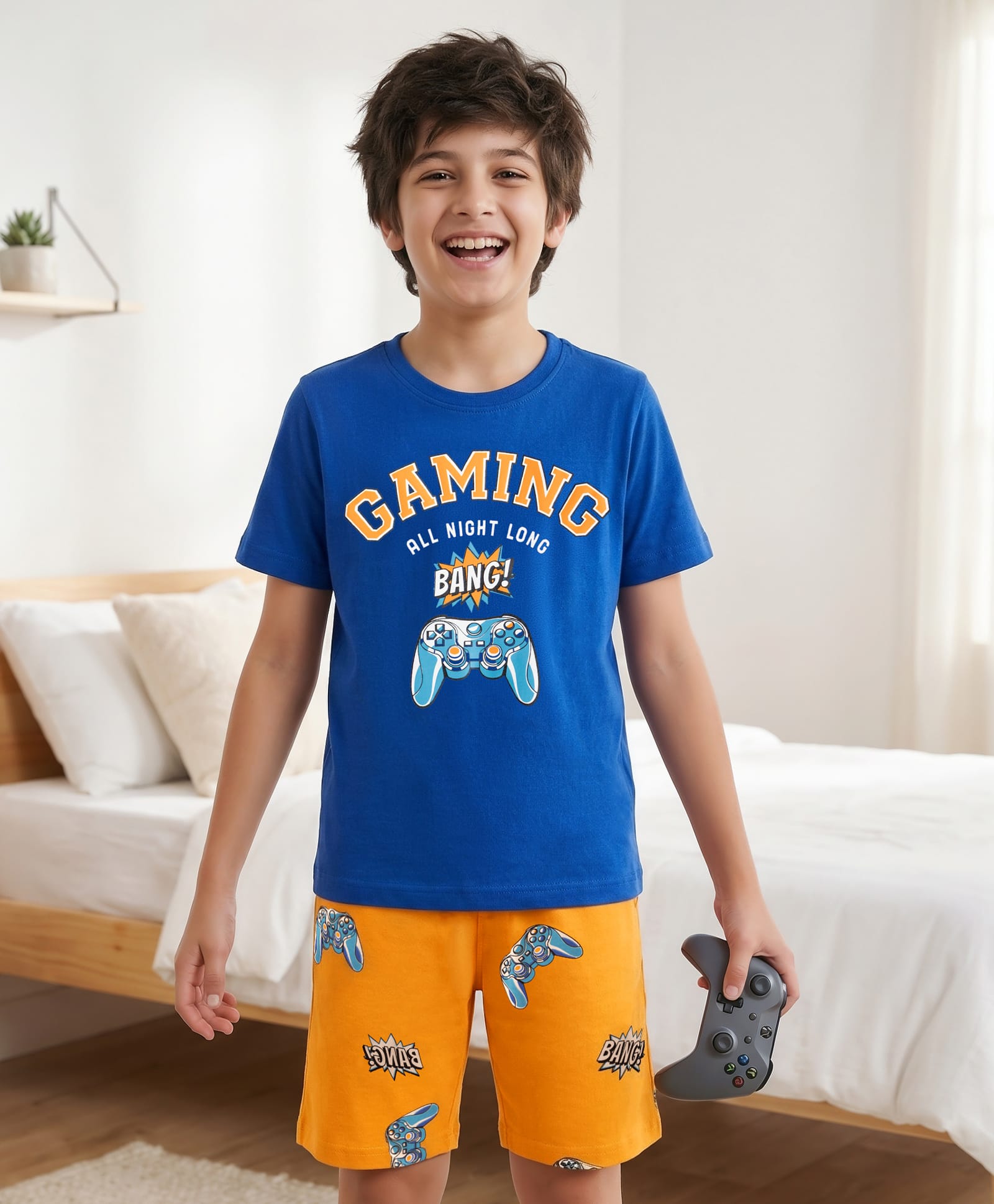 Pine Kids Cotton Knit Half Sleeves T-Shirt & Shorts Night Suit With Gaming Print - Blue-picture-27