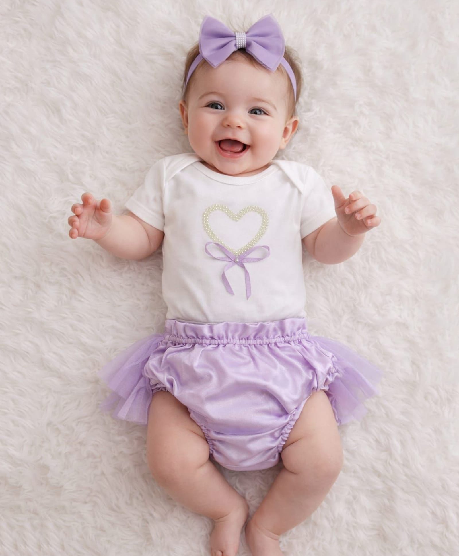 Tipy Tipy Tap Cotton Knit Half Sleeves Heart Designed Pearl Embellished Onesie With Tutu Styled Bloomer & Bow Applique Headband - Lilac & White-picture-36