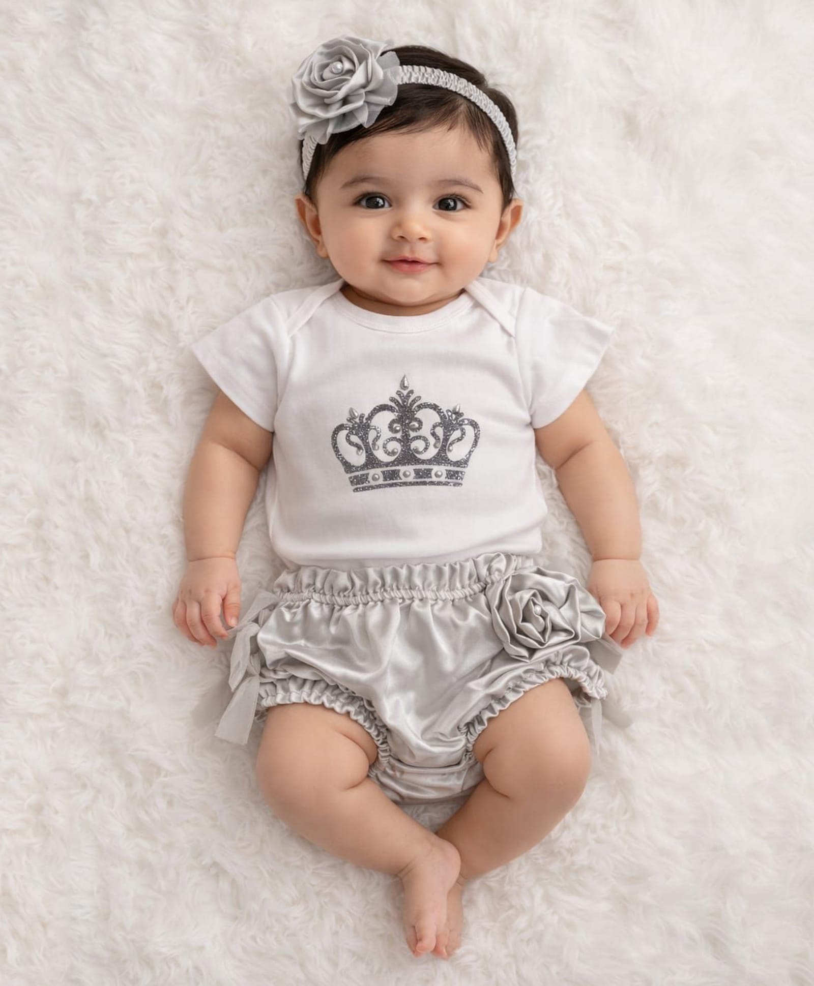 Tipy Tipy Tap Cotton Knit Half Sleeves Crown Designed Pearl Embellished Onesie With Tutu Styled Bloomer & Floral Applique Headband - Grey & White-picture-39