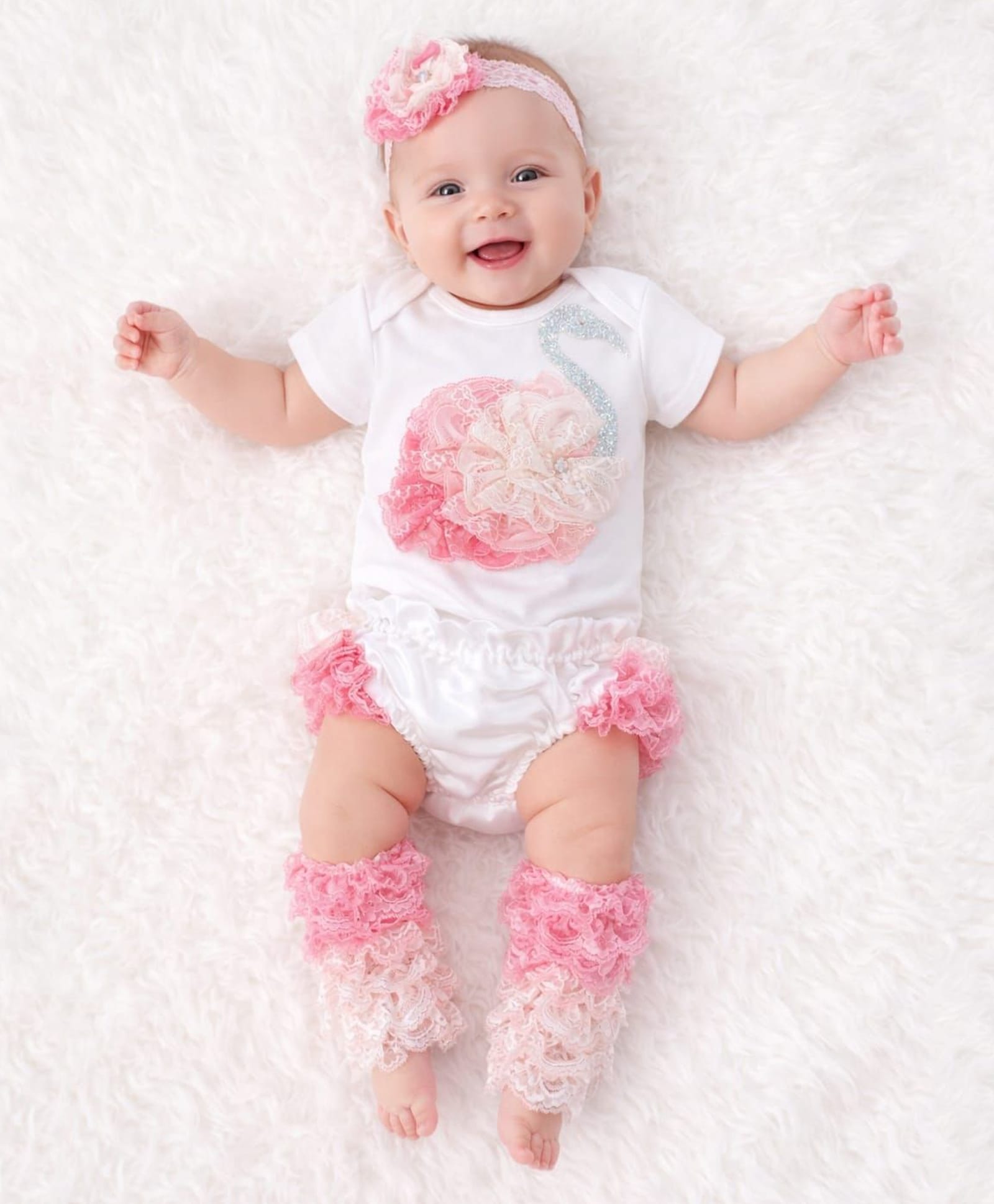 Tipy Tipy Tap Cotton Knit Half Sleeves Flamingo Lace Detailed Onesie With Bloomer Floral Applique Headband & Legwarmers - Pink & White-picture-35