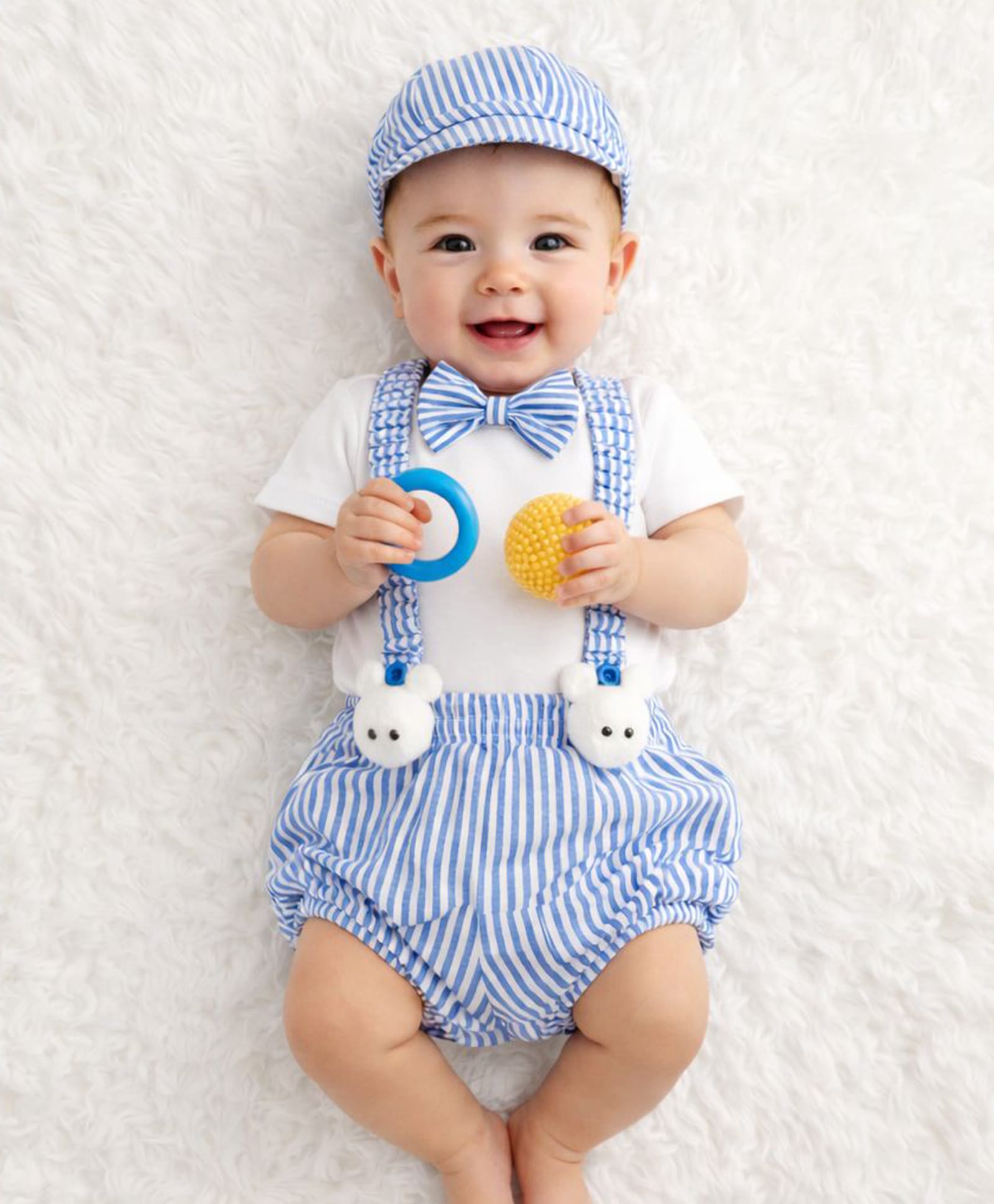 Tipy Tipy Tap Cotton Knit Half Sleeves Bow & Animal Face Applique Detailed Onesie With Bloomer Cap Bow & Suspender - Blue & White-picture-48