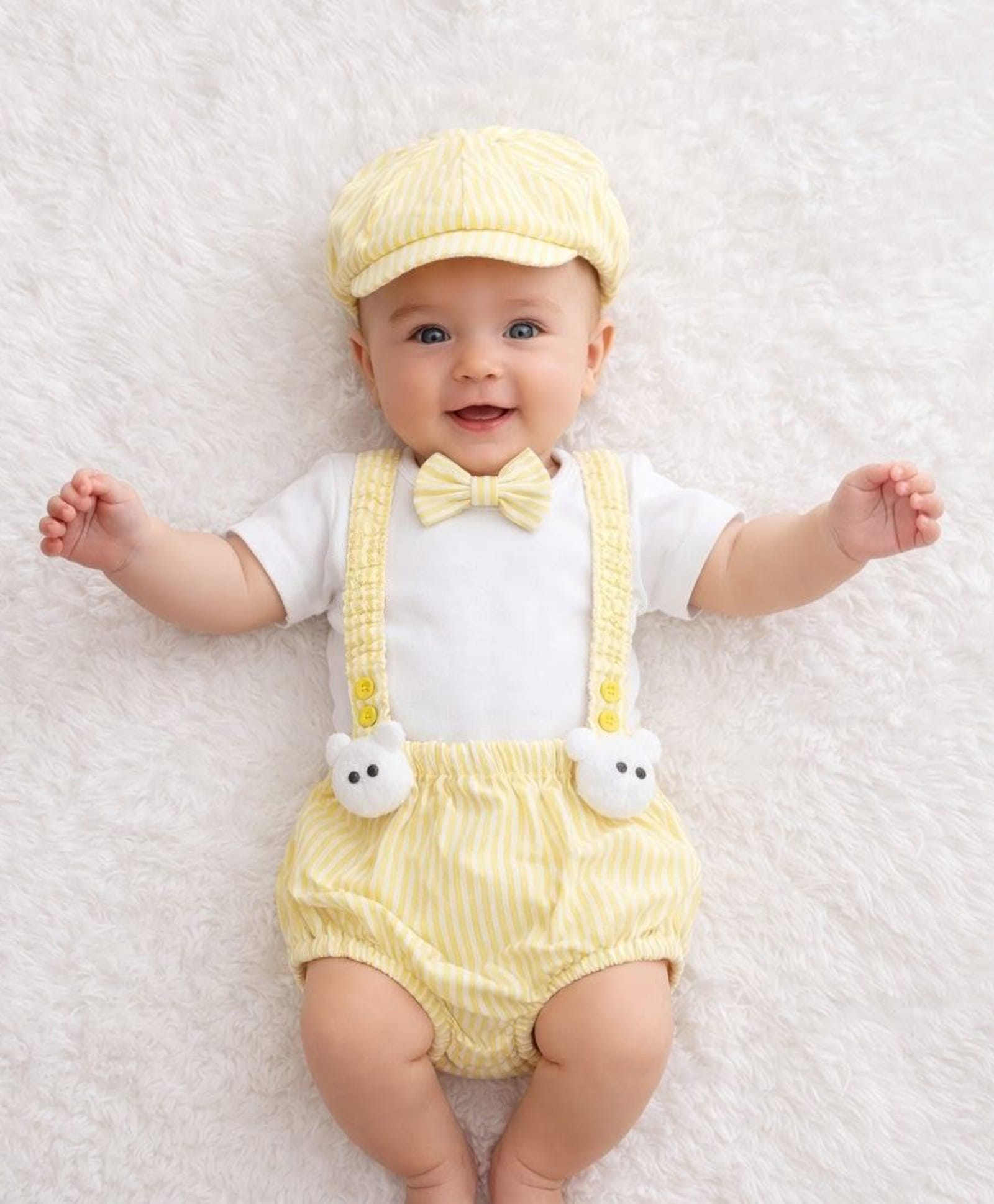 Tipy Tipy Tap Cotton Knit Half Sleeves Bow & Animal Face Applique Detailed Onesie With Bloomer Cap Bow & Suspender - Yellow & White-picture-40