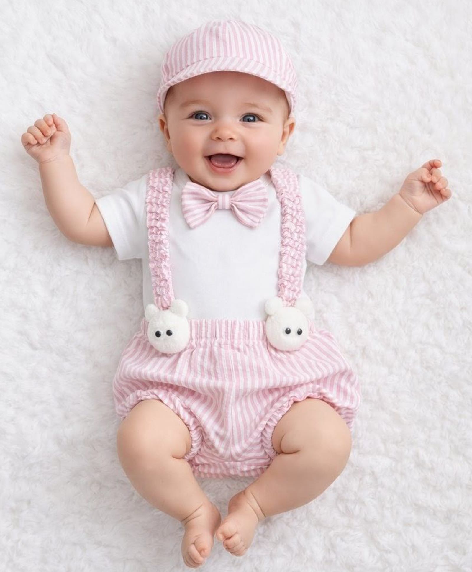 Tipy Tipy Tap Cotton Knit Half Sleeves Bow & Animal Face Applique Detailed Onesie With Bloomer Cap Bow & Suspender - Pink & White-picture-29