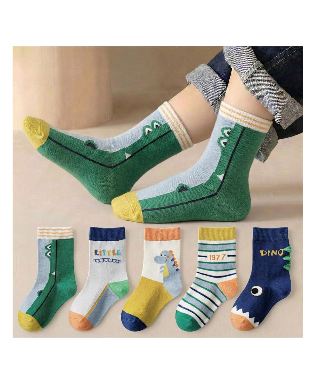 Bembika Knit Pack Of 5 Striped & Animal Designed Socks - Green-picture-20