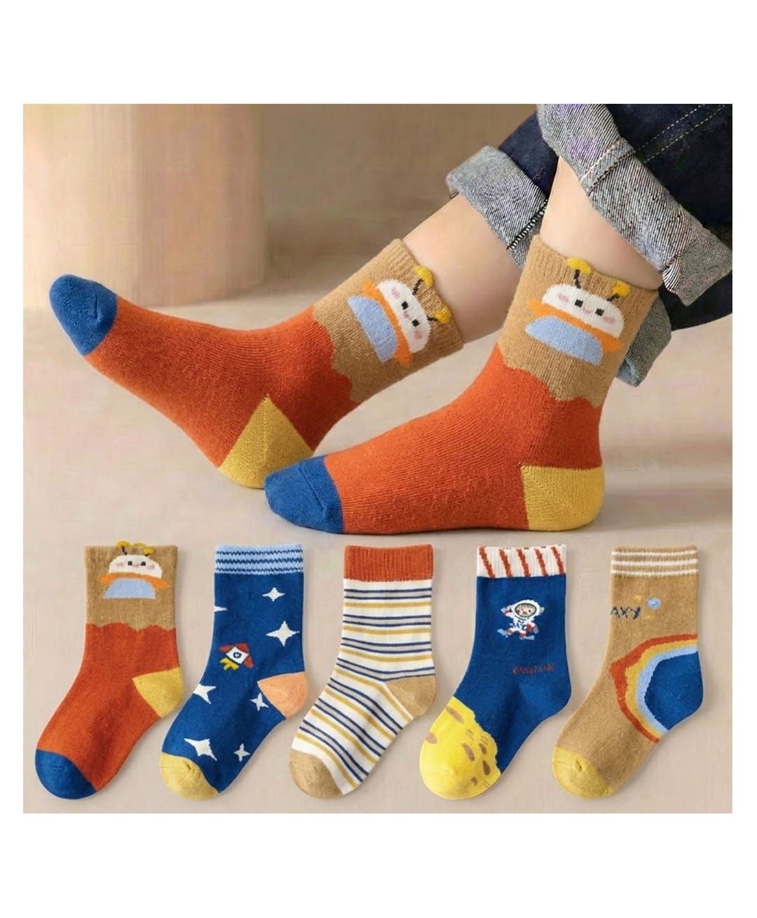 Bembika Knit Pack Of 5 Space Theme Printed Socks - Multi Colour-picture-17