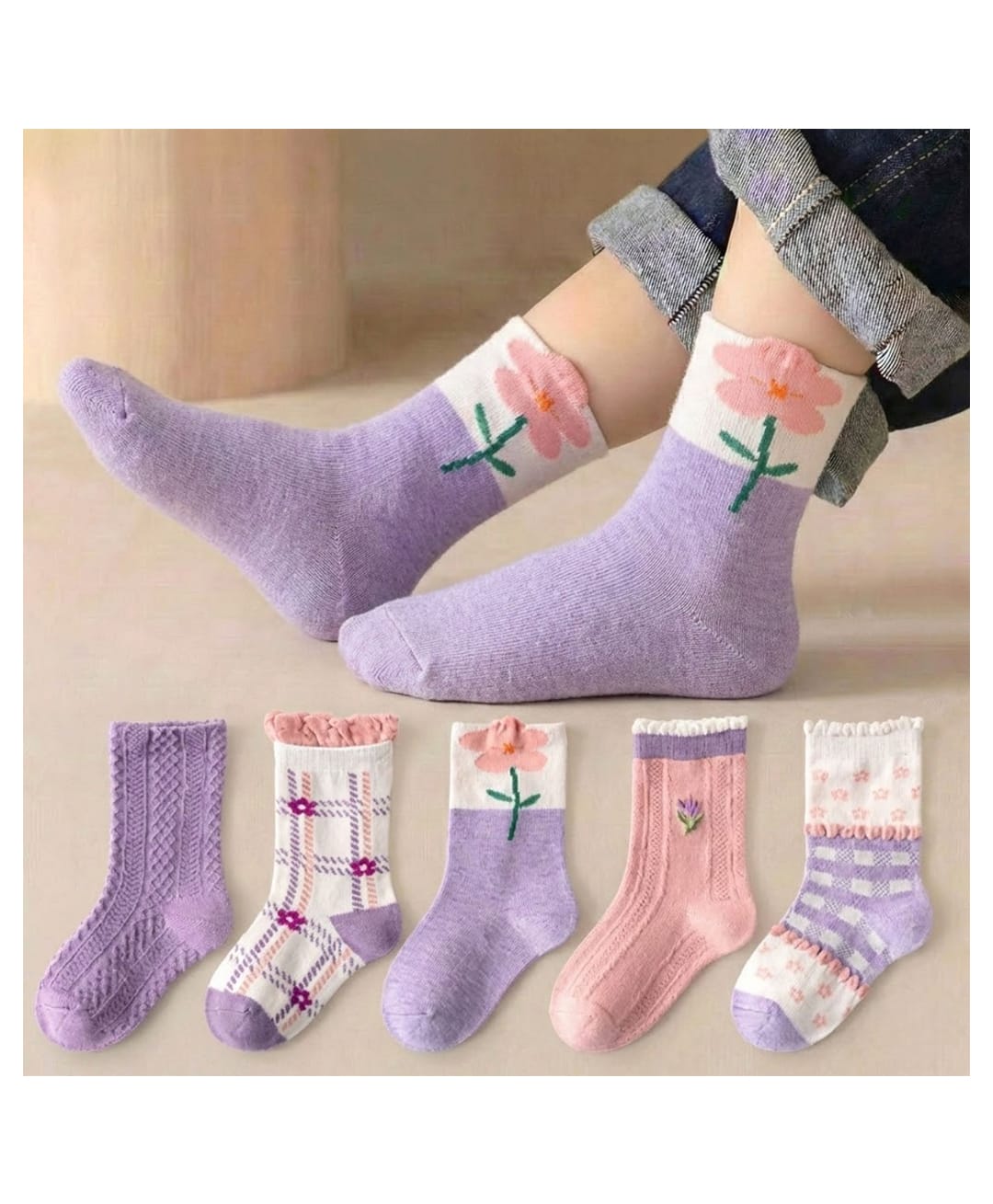 Bembika Knit Pack Of 5 Floral Designed Socks - Lavendar-picture-36