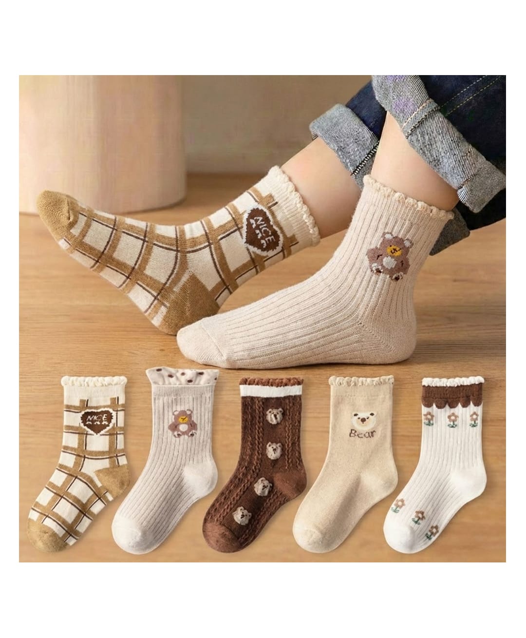 Bembika Knit Pack Of 5 Teddy Designed Socks - Brown-picture-22