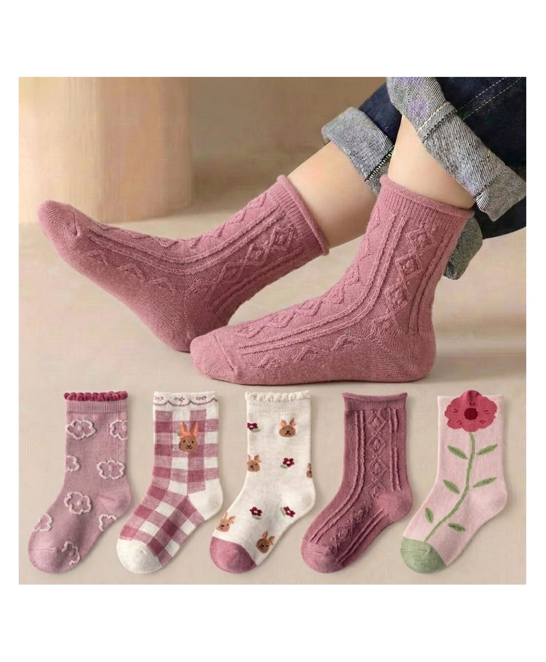 Bembika Pack Of 5 Cable Knit & Floral Designed Socks - Mauve-picture-11