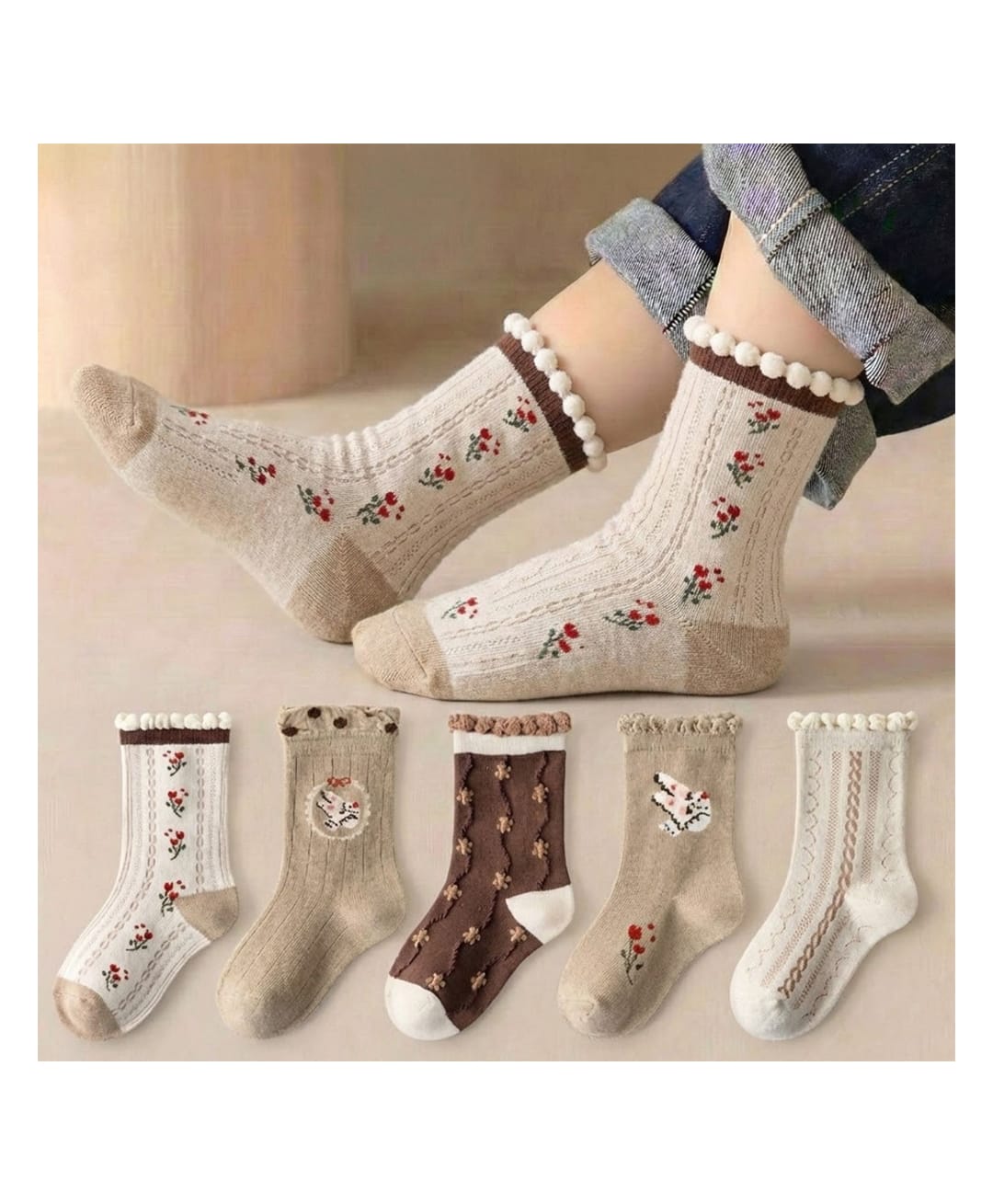 Bembika Knit Pack Of 5 Floral Designed & Birds Printed Socks - Beige-picture-23