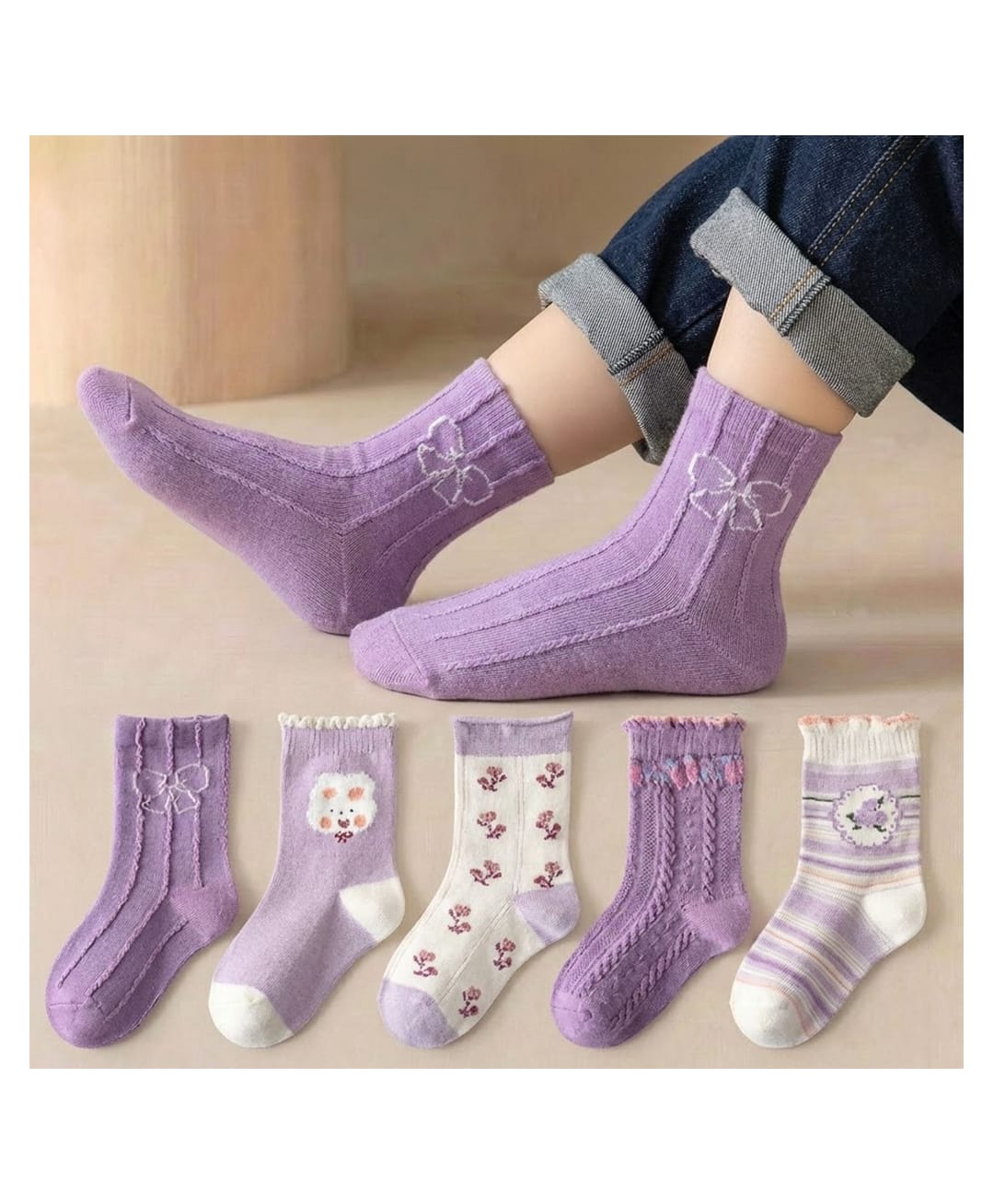 Bembika Pack Of 5 Cable Knit Designed & Floral Printed Socks - Purple-picture-19